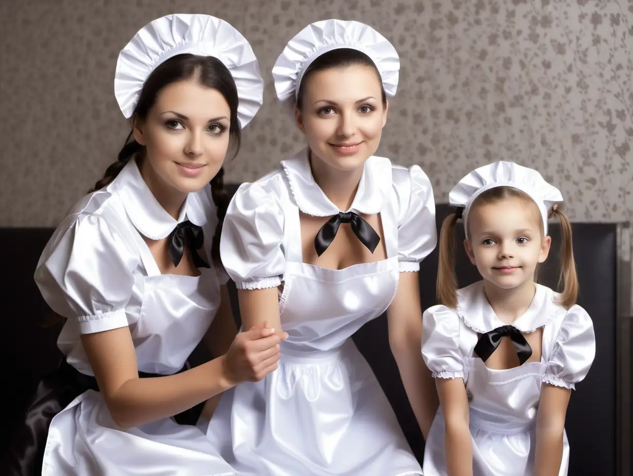 litle girl in satin maid uniforms and mother 