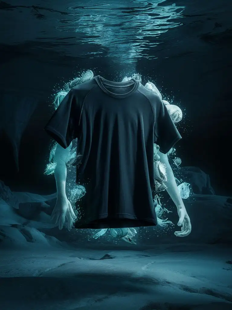 a black short-sleeved T-shirt in the deep black sea of the North Pole