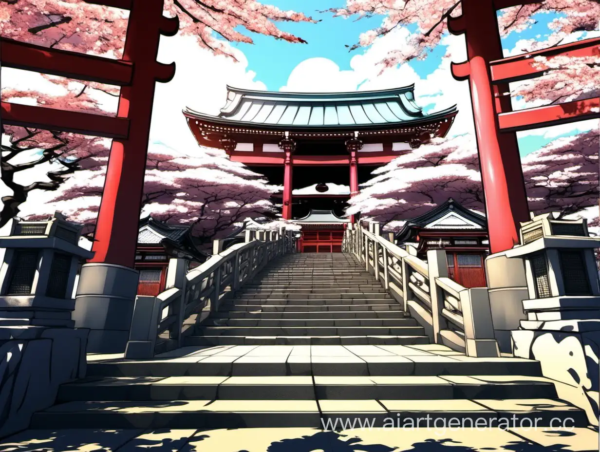 anime style japan temple stairs and a tori gate at bright day