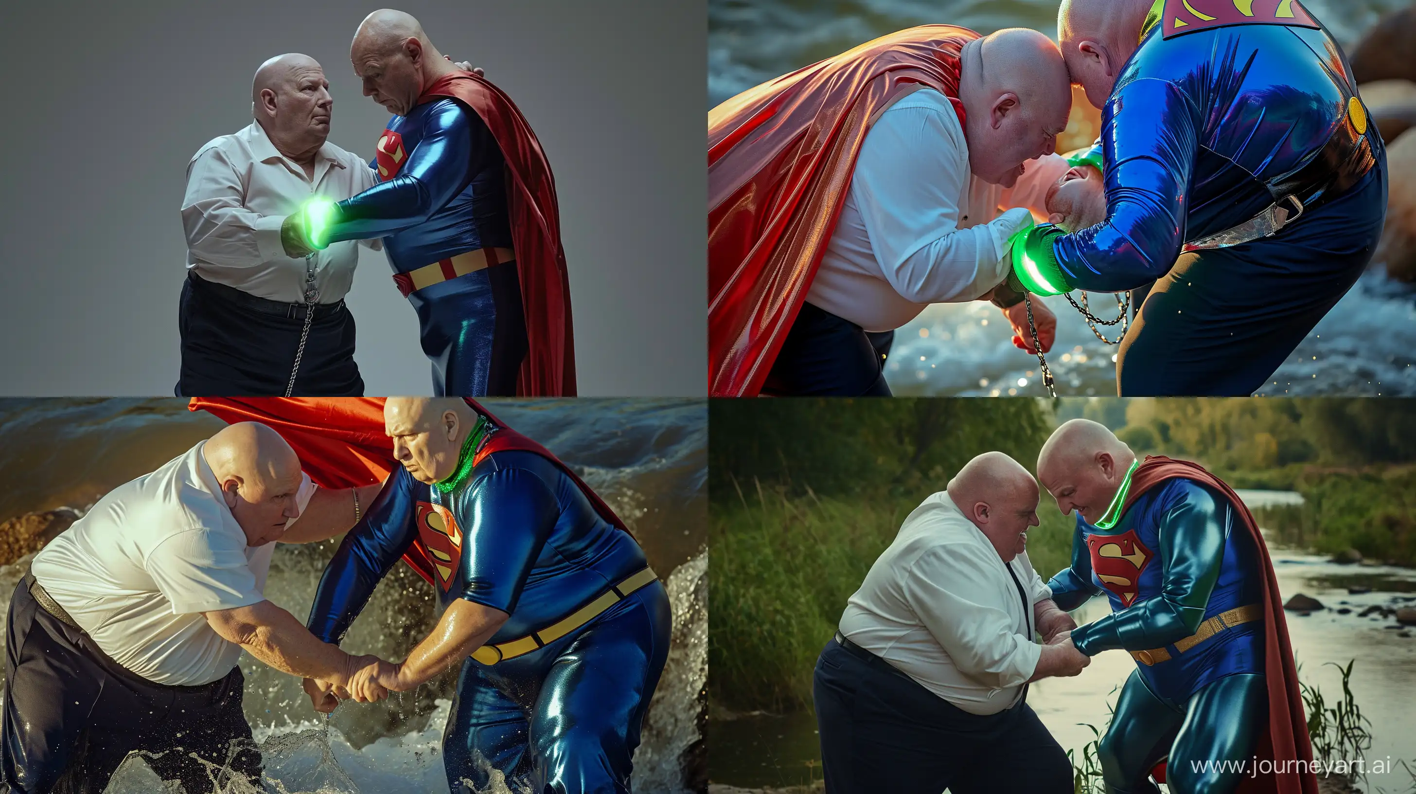 Close-up photo of a chubby man aged 60 wearing silky navy business pants and a white shirt, bending over and holding the belt of another chubby man aged 60 wearing a tight silky blue superman costume with a large red cape and a green glowing small short dog collar. River. Bald. Clean Shaven. --style raw --ar 16:9 --v 6