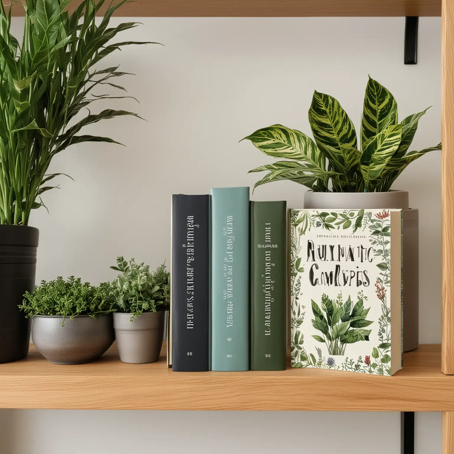 Books Displayed on Shelf with Green Plant Decor