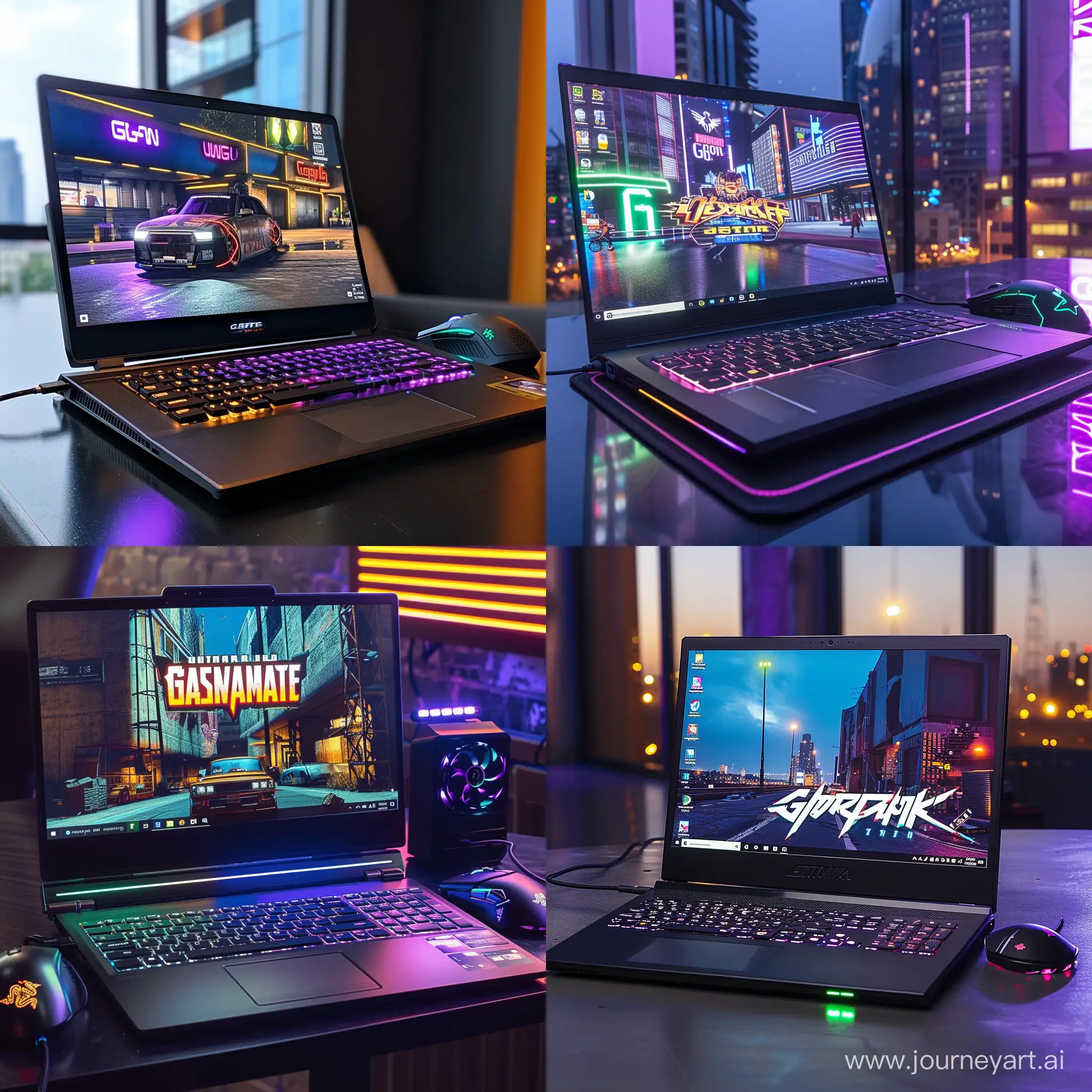 A very powerful laptop with a built-in mechanical keyboard, a mouse with a cyberpunk style on the table, and on the laptop screen gta 6
