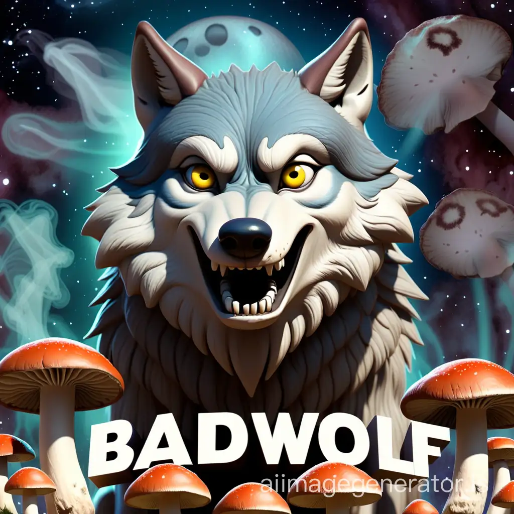 a wolf in the universe eating mushrooms with the word BadWolf in the background