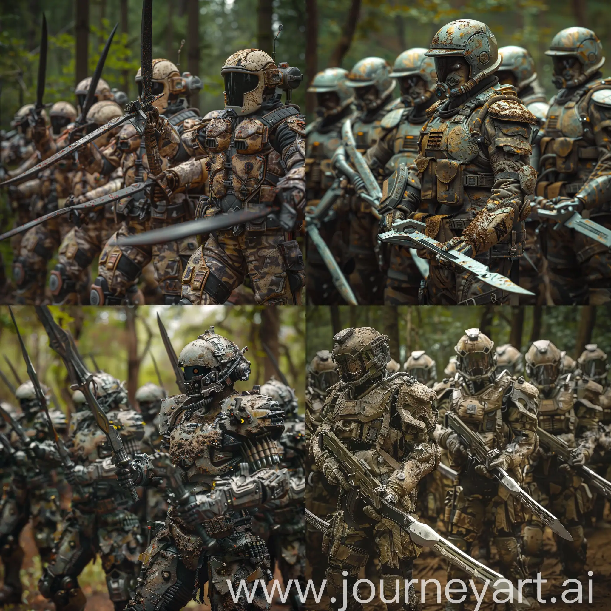 A squad of Dune Sardaukar sci-fi soldiers armed with futuristic katana-like swords. They have a lot of technological gear and some of them are equipped with exosceleton. Their camouflage tactical suits are lightly covered with mud. They are stationed in the forest, and are eager for battle. 