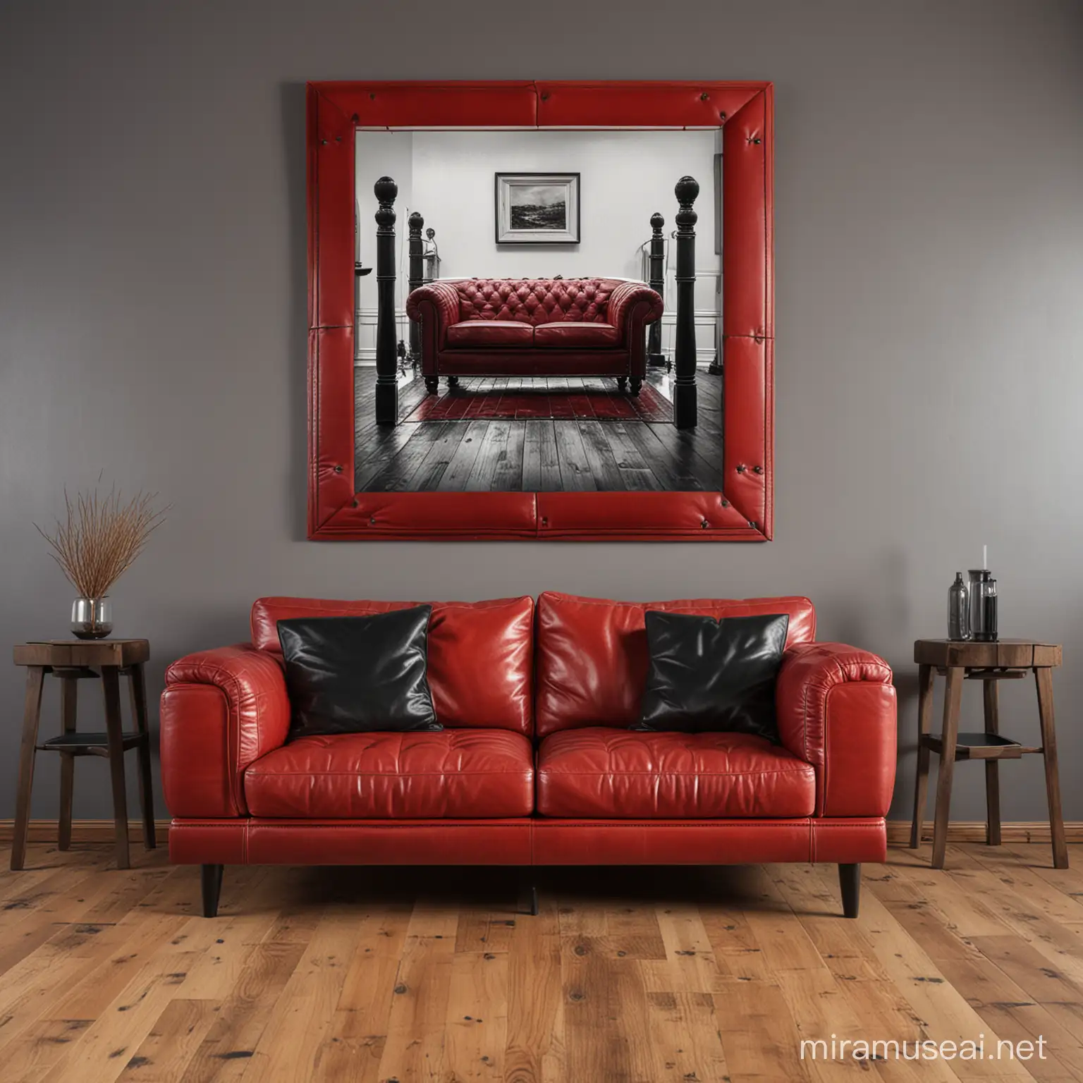 A living room with wooden floor and wooden posts in red and black, behind the red leather sofa hangs a square picture, vivid, detailed, light and shadow