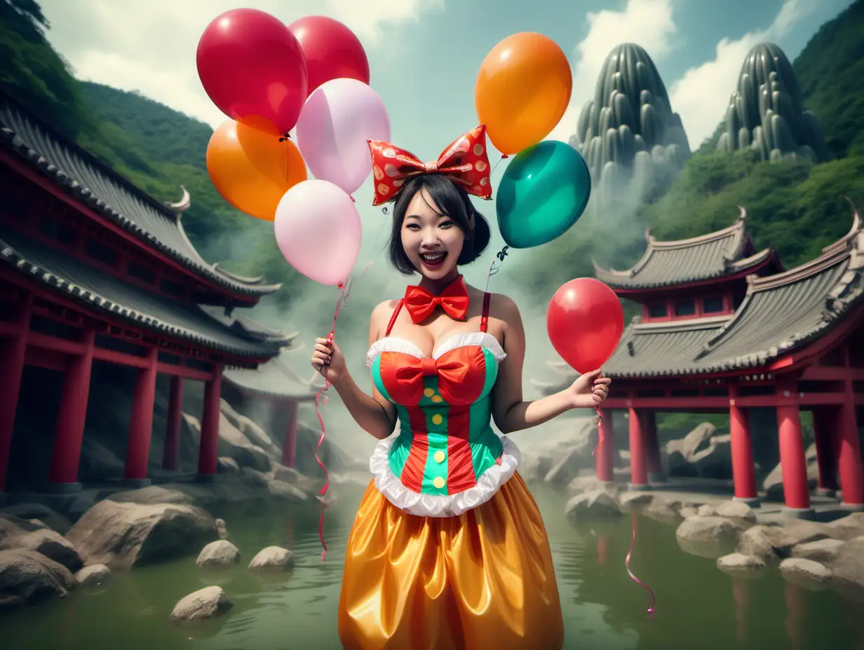 cute happy asian lady.  Bows on big breasts. clown Balloons. 
Background is uncanny kaiju temple hot springs.
