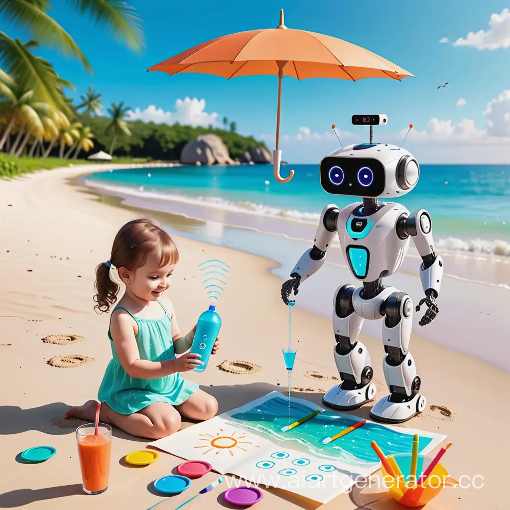 children's drawing robot-helper for mom on the beach with umbrella thermometer and drinking water