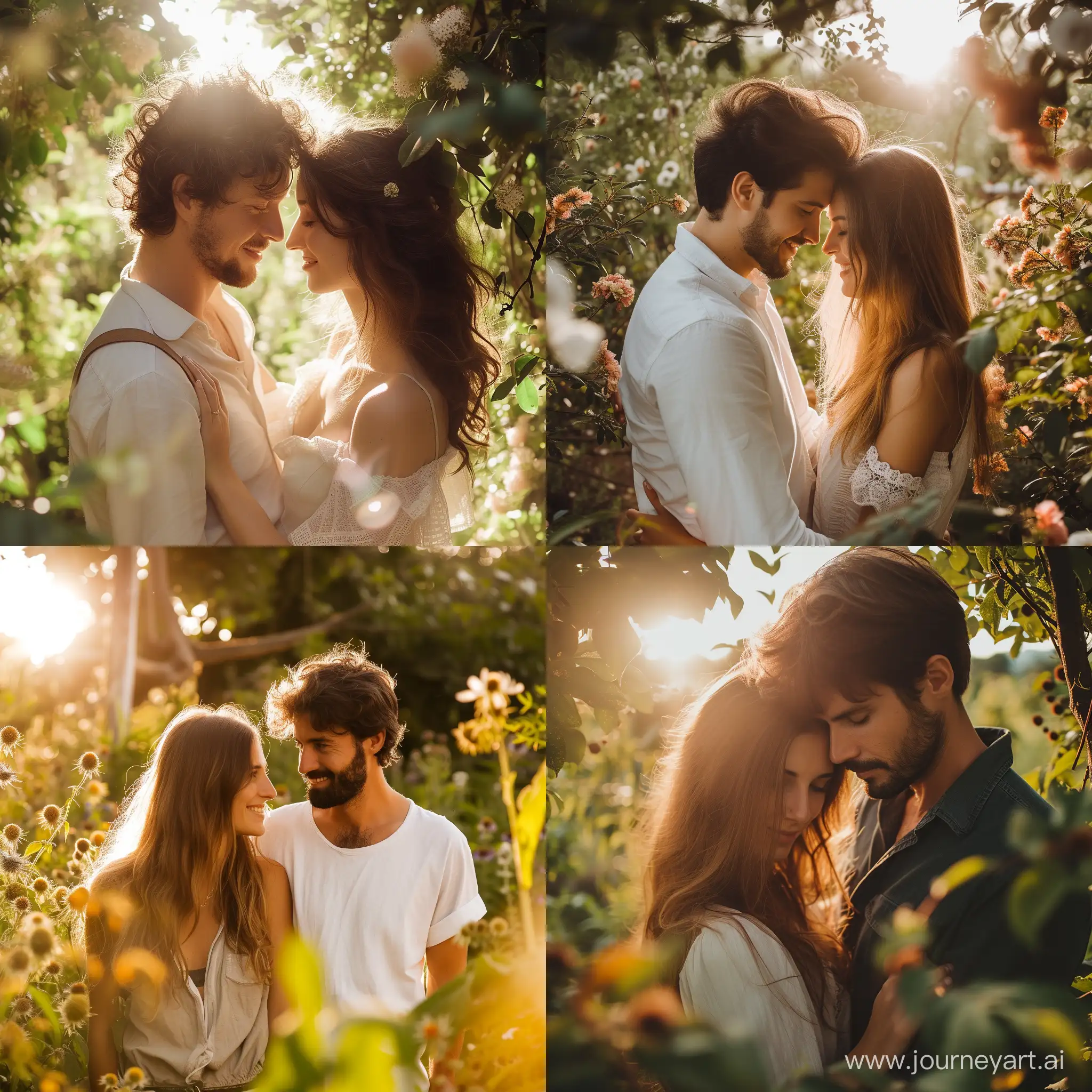 Beautiful romantic man and women couple, in an aesthetic garden, sunshine --v 6 --ar 1:1 --no 87309