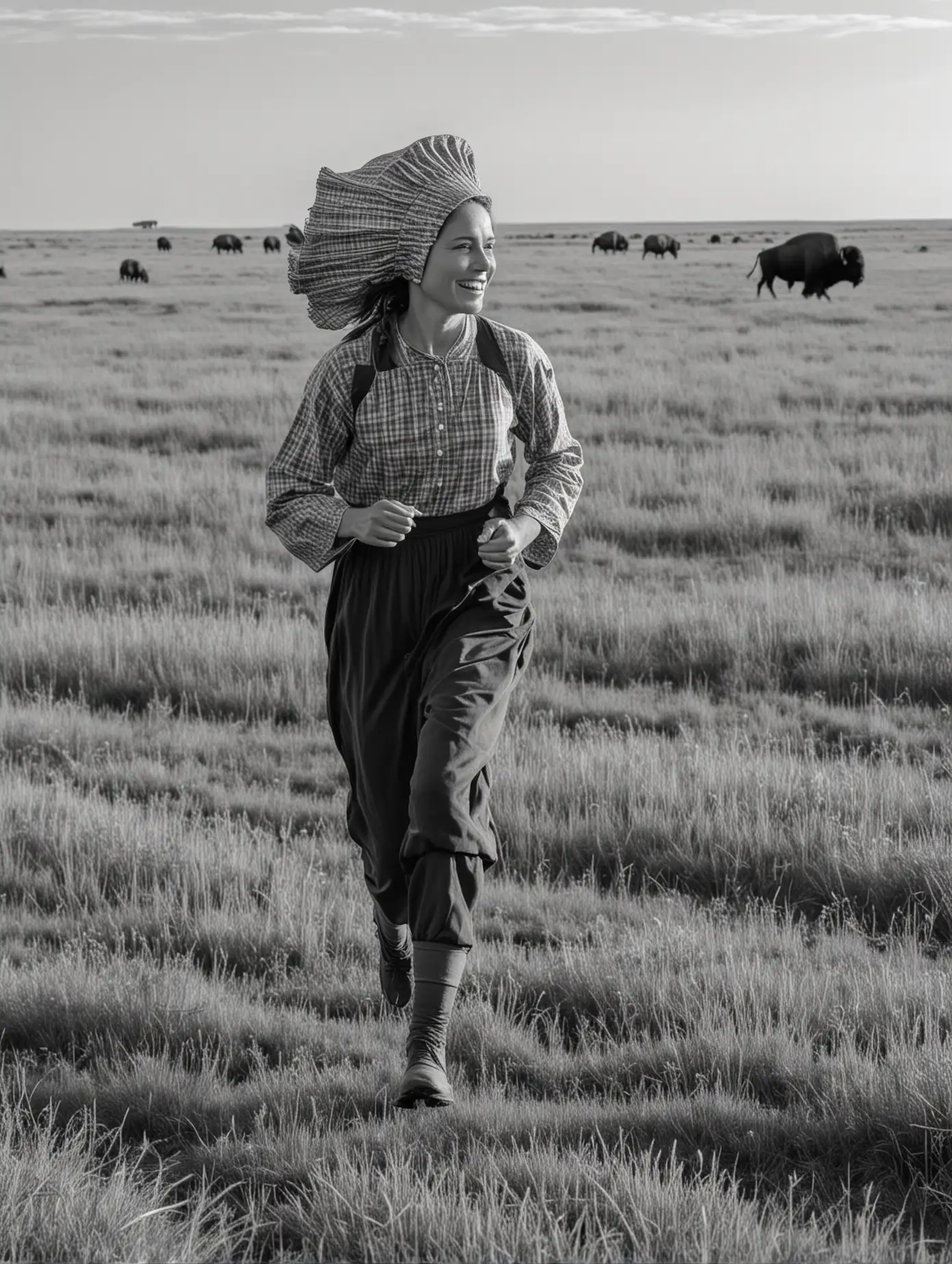 Pioneer Woman Running Across the Prairie with Buffalo in Black and White