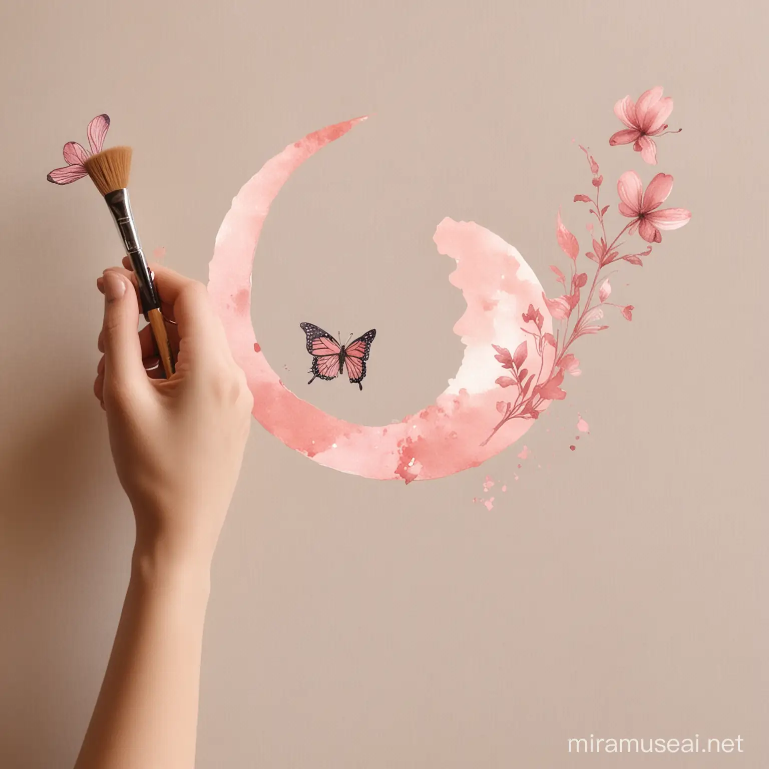 croissant de lune avec papillon et main tenant un pinceau en aquarelle, couleurs beige rosé