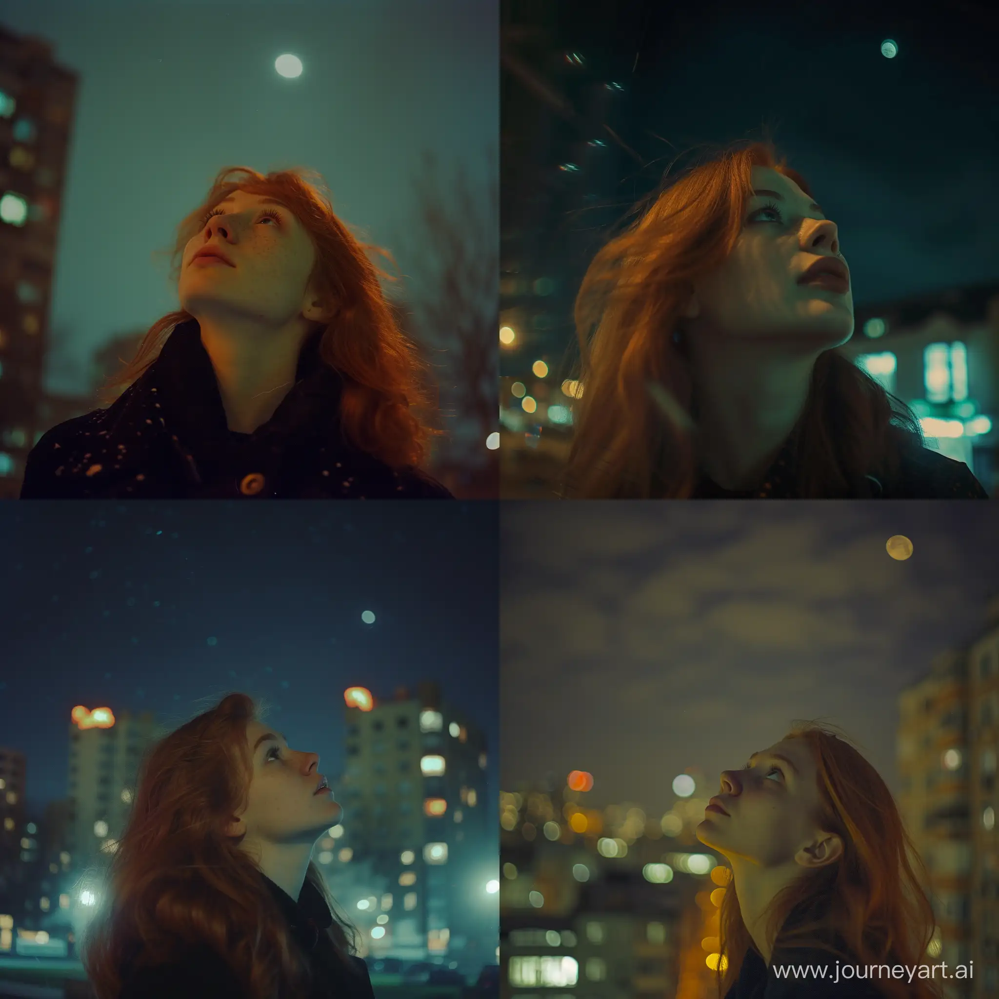 redhead looking into the skies, post-punk dark vibe, night, urban wide-shot with buildings in the background somewhat blurry, photo with 16mm, looks like part of the music video. noisy photo, night lighting and moon blurred into the skies