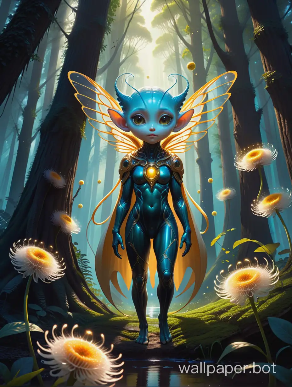 Cute full body fantasy star alien creature 5 years old  by Mandy Disher - cute filigree, large botanical dandelions, large flying stars, forest, sunny day, golden glow, detailed fur, large reflective eyes, edge lighting, dynamic lighting, digital painting, fantasy art, author Kraola, Jasmine Beckett-Griffith, Cyril Rolando. concept art, centered composition, ideal composition, centered, intricate pose, intricate, science fiction, intricate artistic masterpiece, ominous, matte film poster, golden ratio, trending cgsociety, intricate, epic, trending on artstation, by artgerm, H.R. Giger and Beksinski, highly detailed, vibrant, staged cinematic character art, ultra high quality model, cosmic glowing space, vanishing point, superhighway, high speed, digital rendering, digital painting, beeple, Noah Bradley, Cyril Roland, Ross Tran, trending artstation, professional sinister concept art by artgerm and Greg Rutkowski, complex, elegant, highly detailed digital painting, concept art, smooth, sharp focus, illustrations in the style of Simon Stålenhag, Wayne Barlow and Igor Kiriluk.