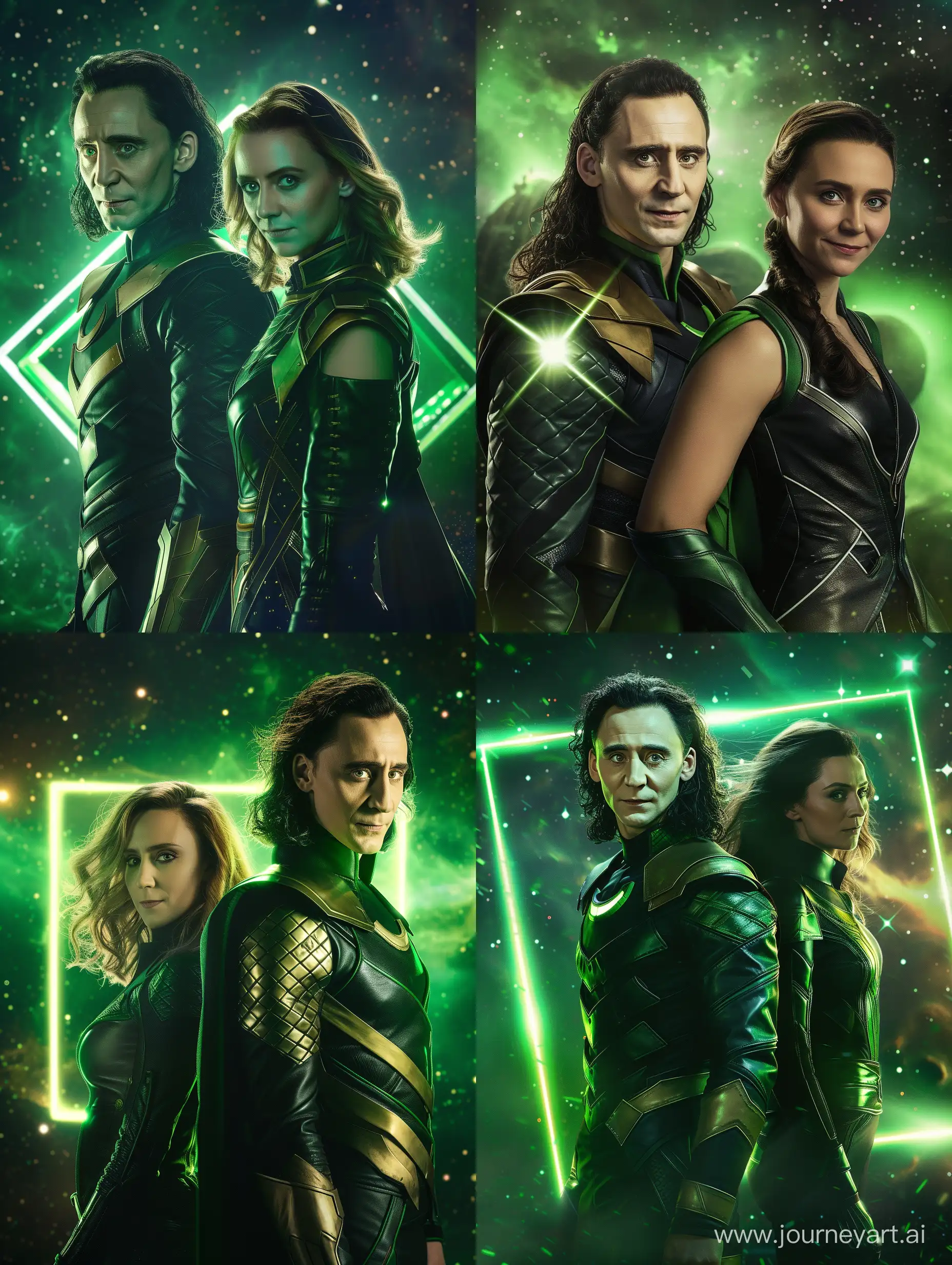 Tom-Hiddleston-and-Sophie-Di-Martino-as-Loki-and-Sylvie-in-Leather-Superhero-Costumes-Against-Cosmic-Background