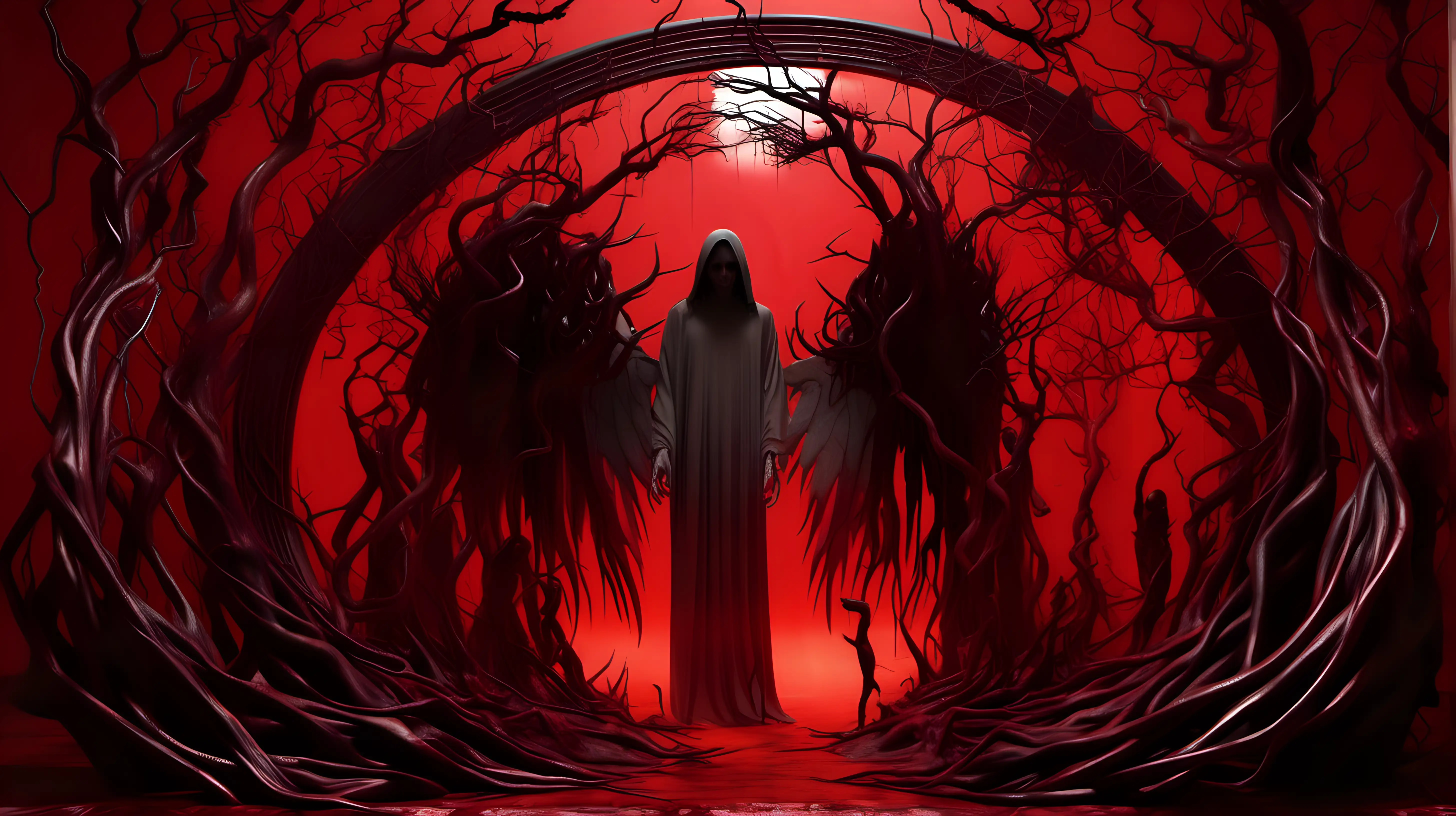 "Create a surreal and unsettling scene of the Angel of Death emerging from a blood-red portal, with twisted branches and demonic figures silhouetted in the background."