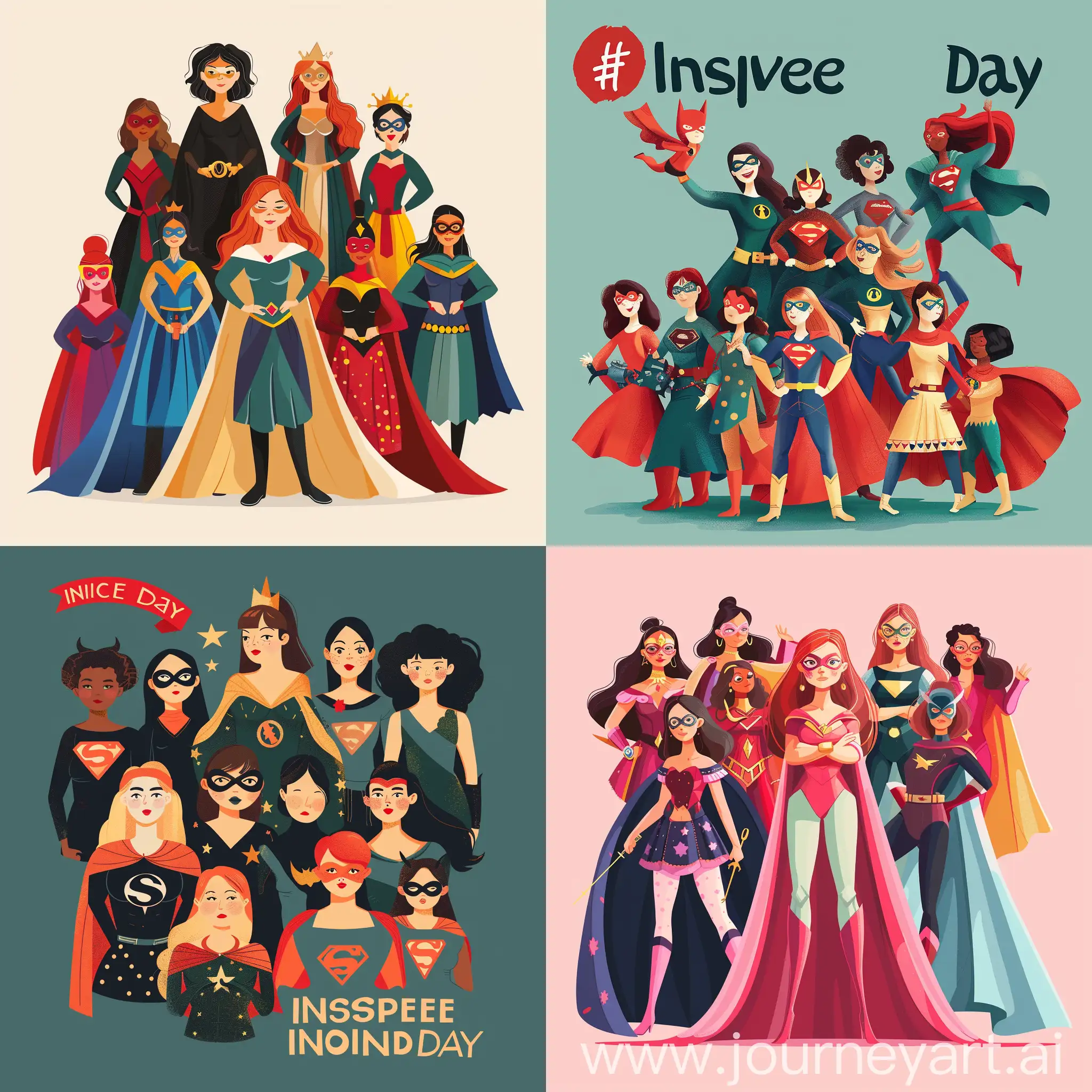 please draw an image that celebrates international womens day and the theme #inspireinclusion. It should be a picture with women dressed as superheroes