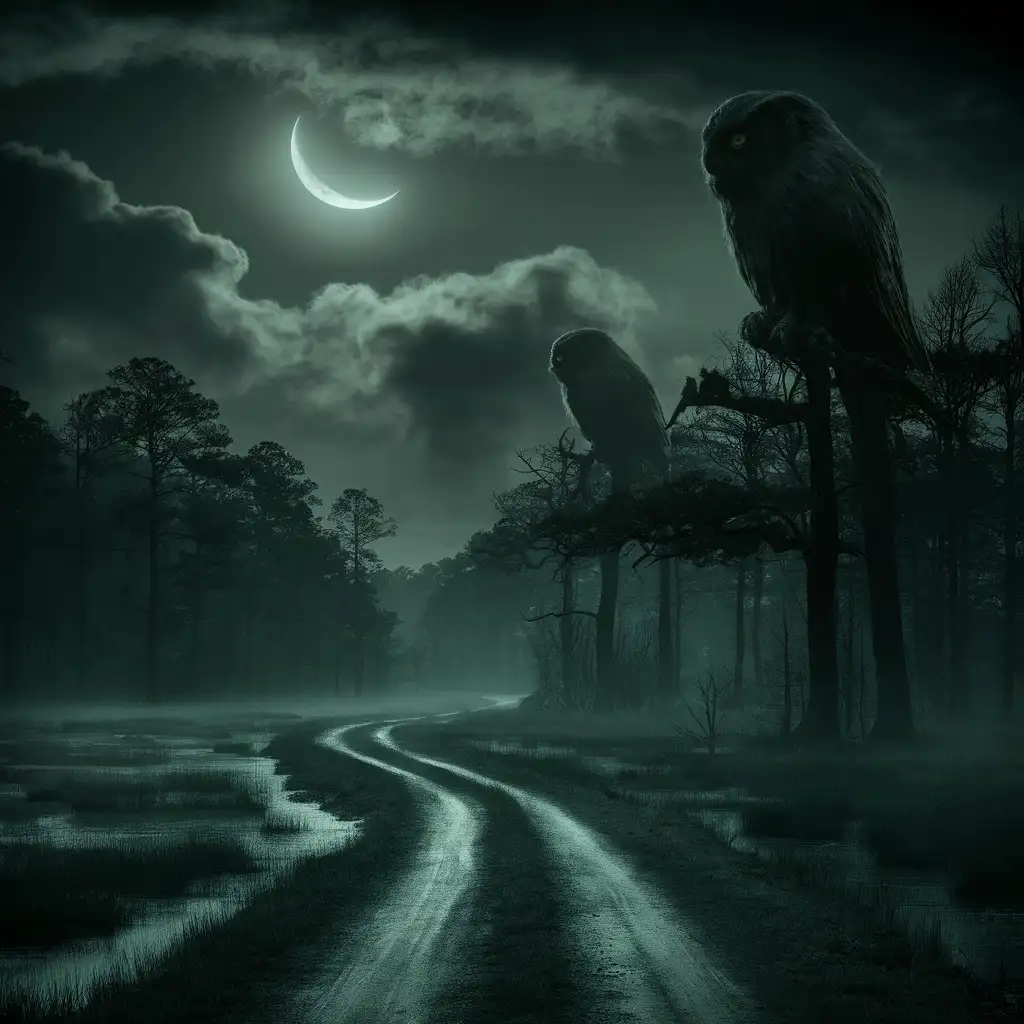 Eerie Night in the Marsh Forest Mysterious Creatures and Misty Moonlit Road