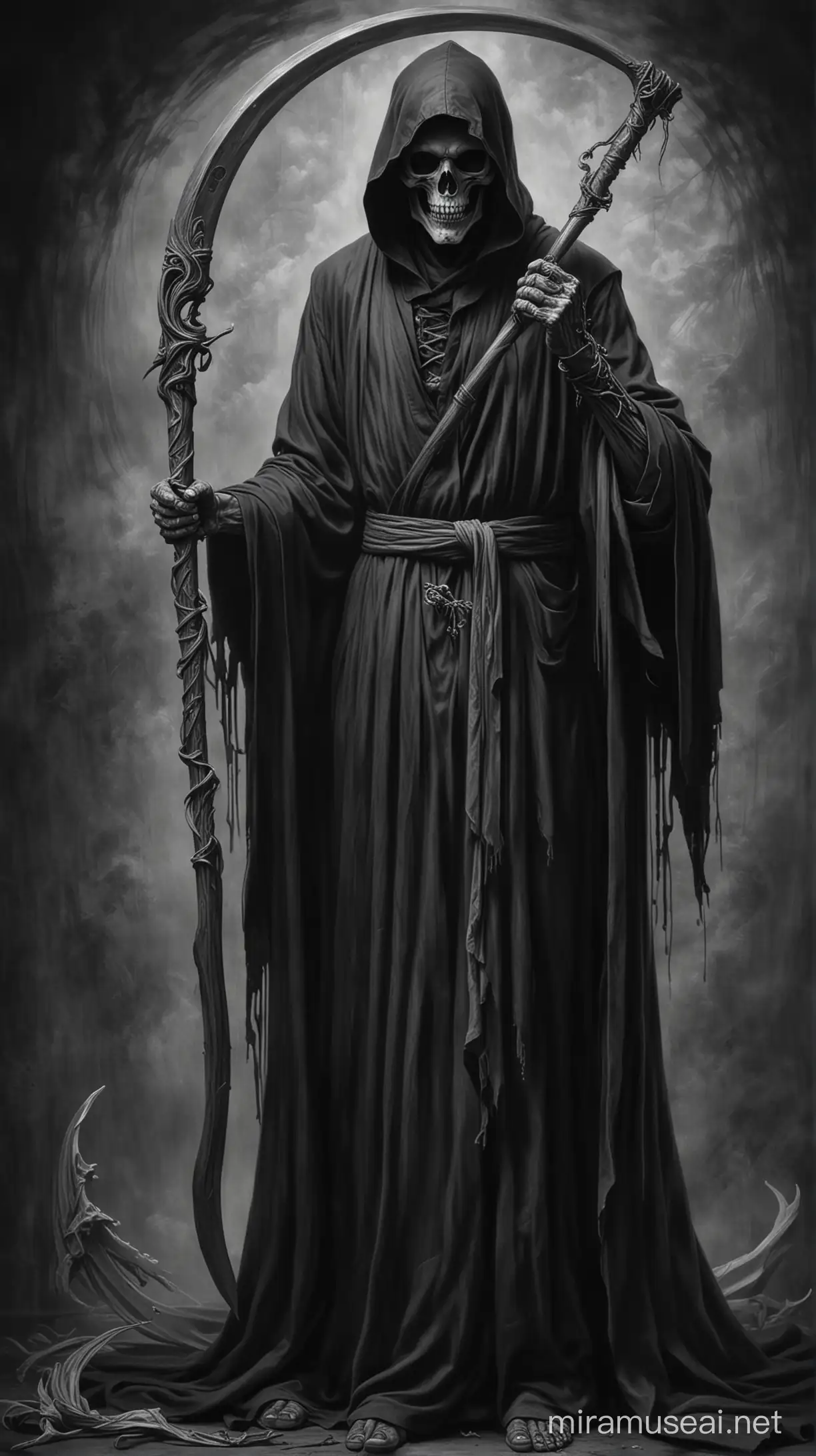 Black and grey realism drawing of Grim reaper holding a scythe in one hand and a scroll in the other hand wearing a full body black robe simplified