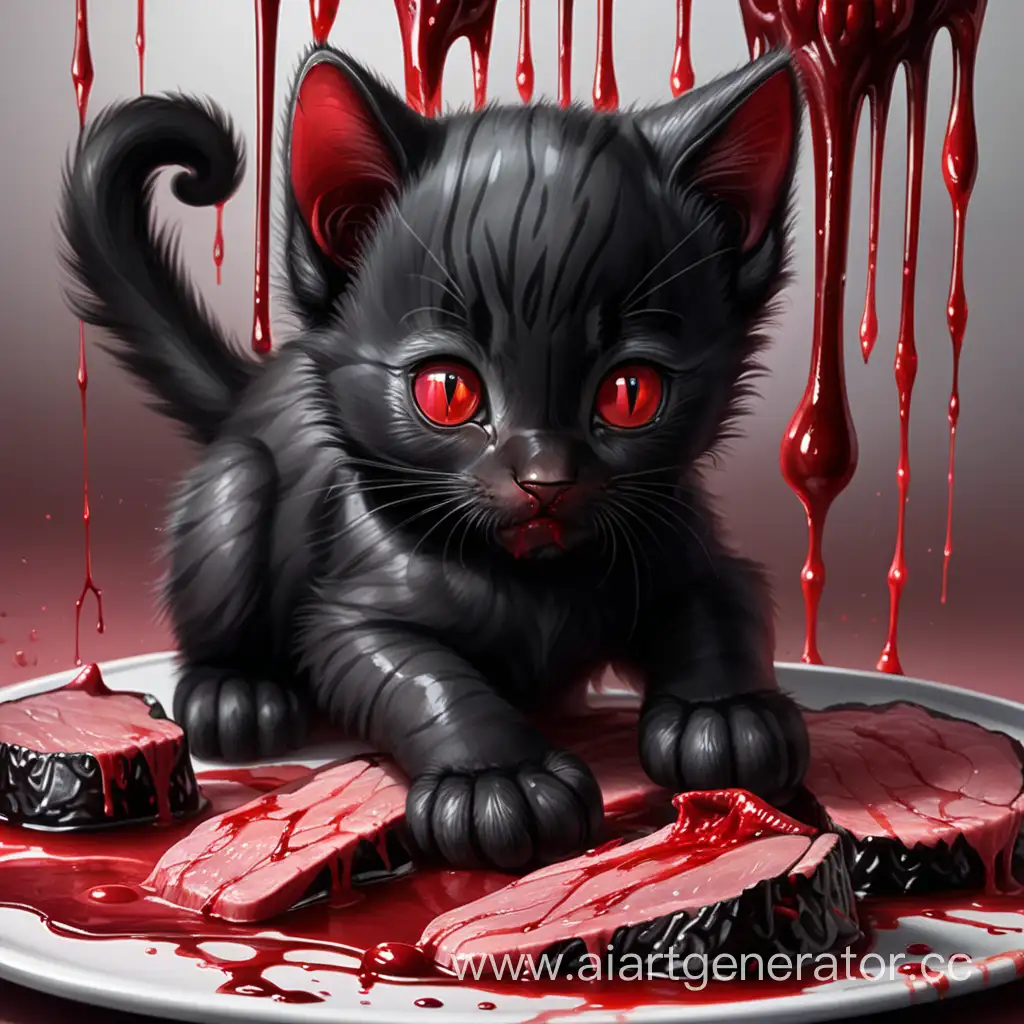 Милый черный котик весь в крови кушает мясо
