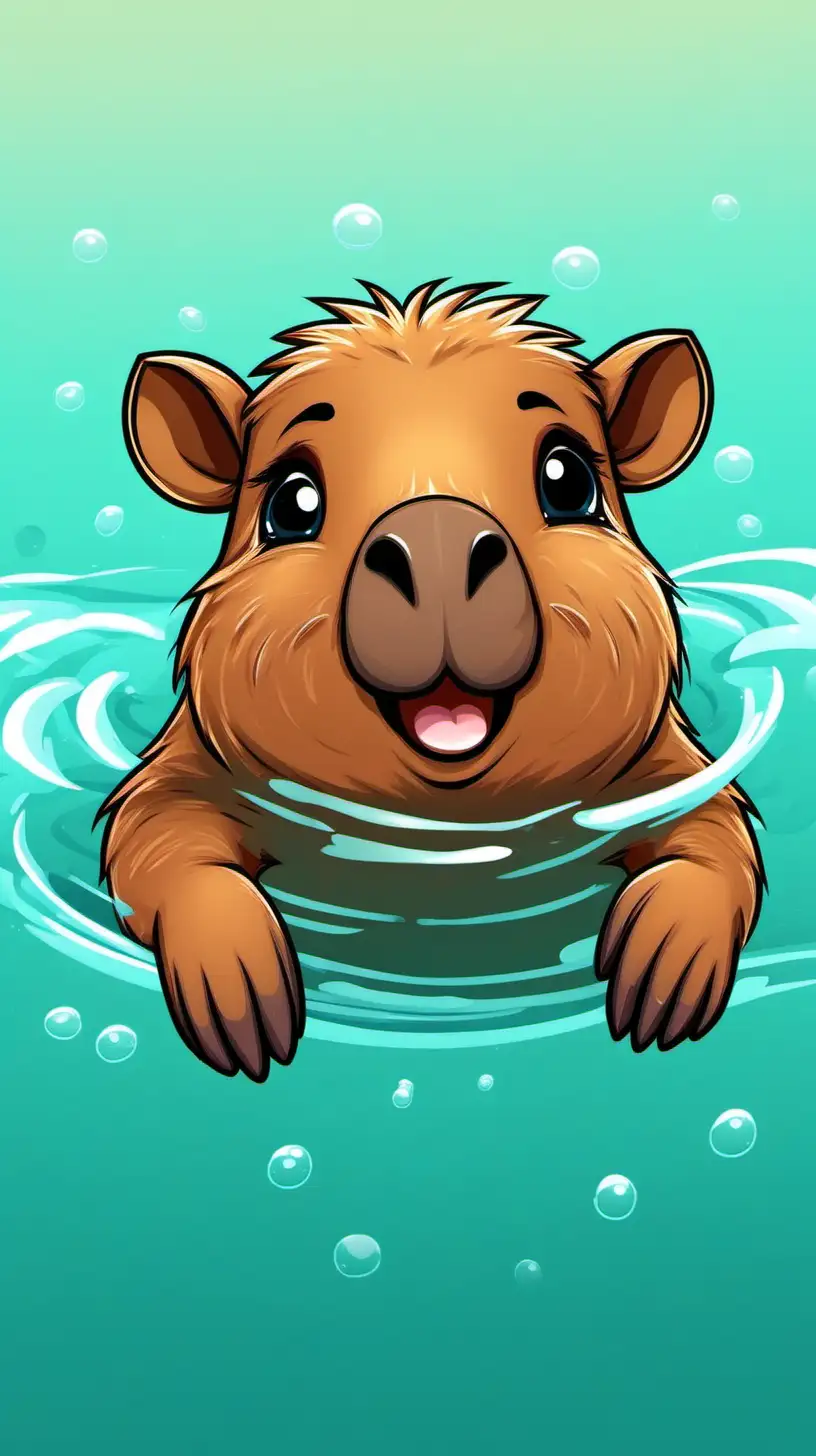 create an image of a cute baby cartoon capybara swimming