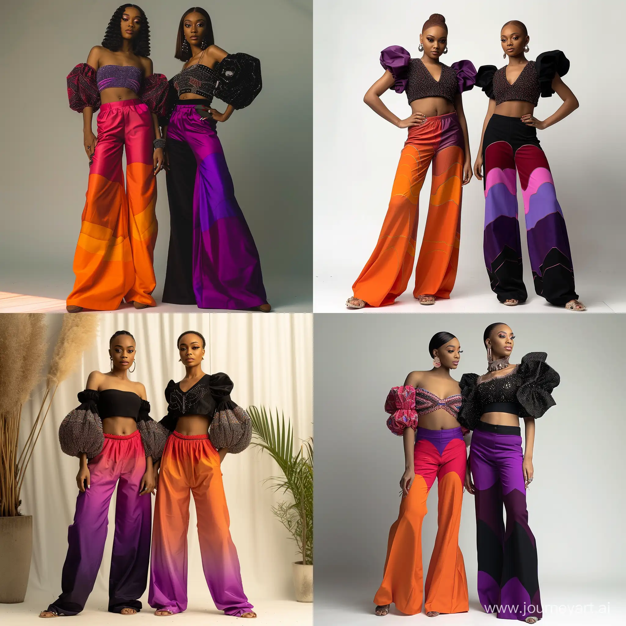 Craft a vision of two Nigerian women adorned in the stunning Nigerian Sunset Palazzo Pants—a design capturing the vibrant hues of a Nigerian sunset in Coral Orange, Lavender Purple, and Deep Magenta. Picture the classic palazzo pants seamlessly blending comfort with a breathtaking aesthetic. Paired with a beaded black cropped top that has exaggerated, puffy, and elegant sleeves, this ensemble exudes a perfect harmony of cultural richness and contemporary style.