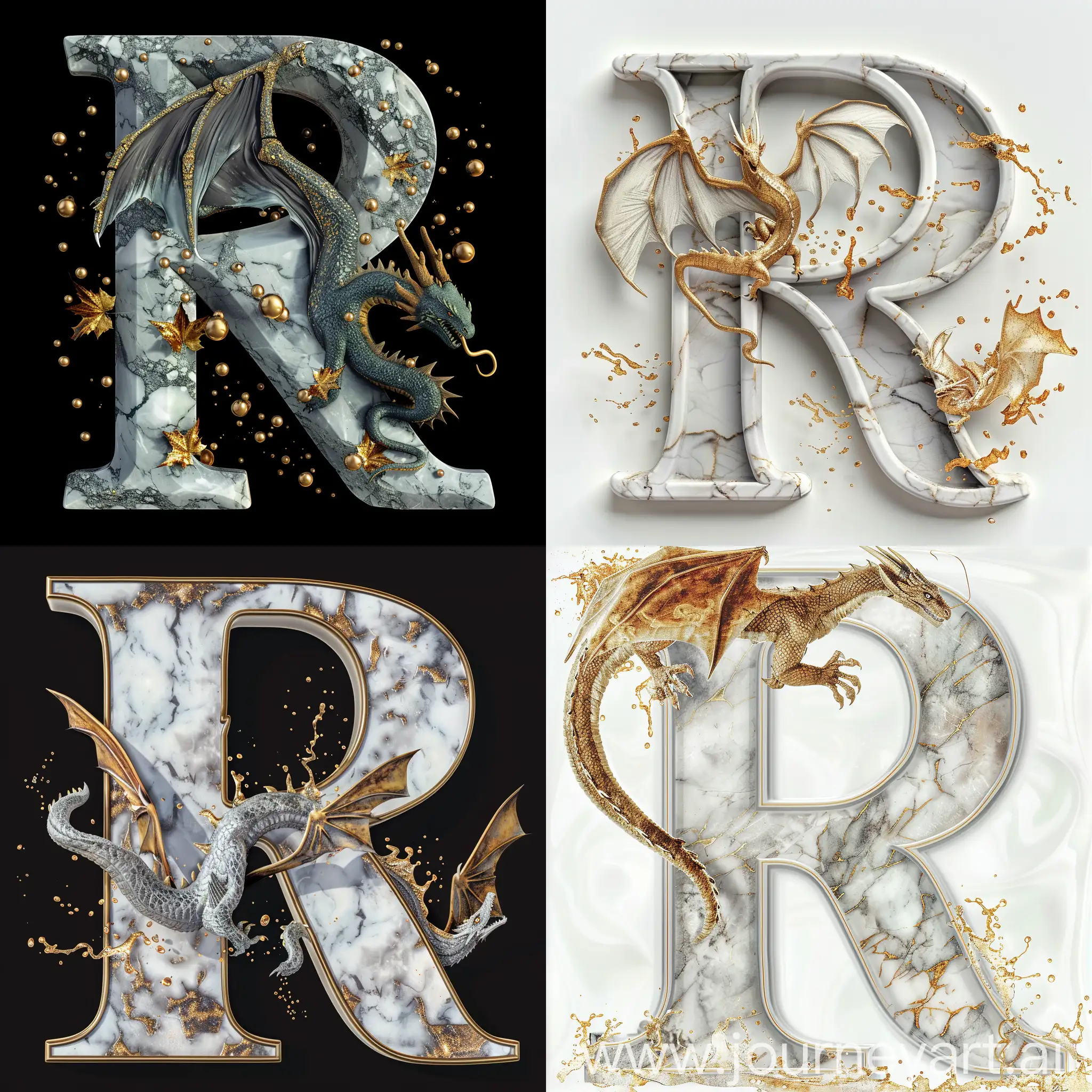 A high detail letter R splash art ultra realistic with elvish style dragon and marble ultra quality texture, with gold accents and details