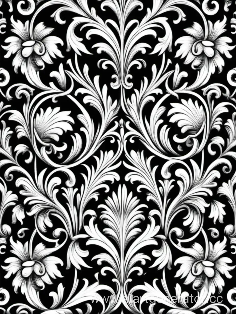 a pattern of floral, flemish Baroque  arts and crafts movement, repeating pattern, sharp focus, white and black vector illustration 