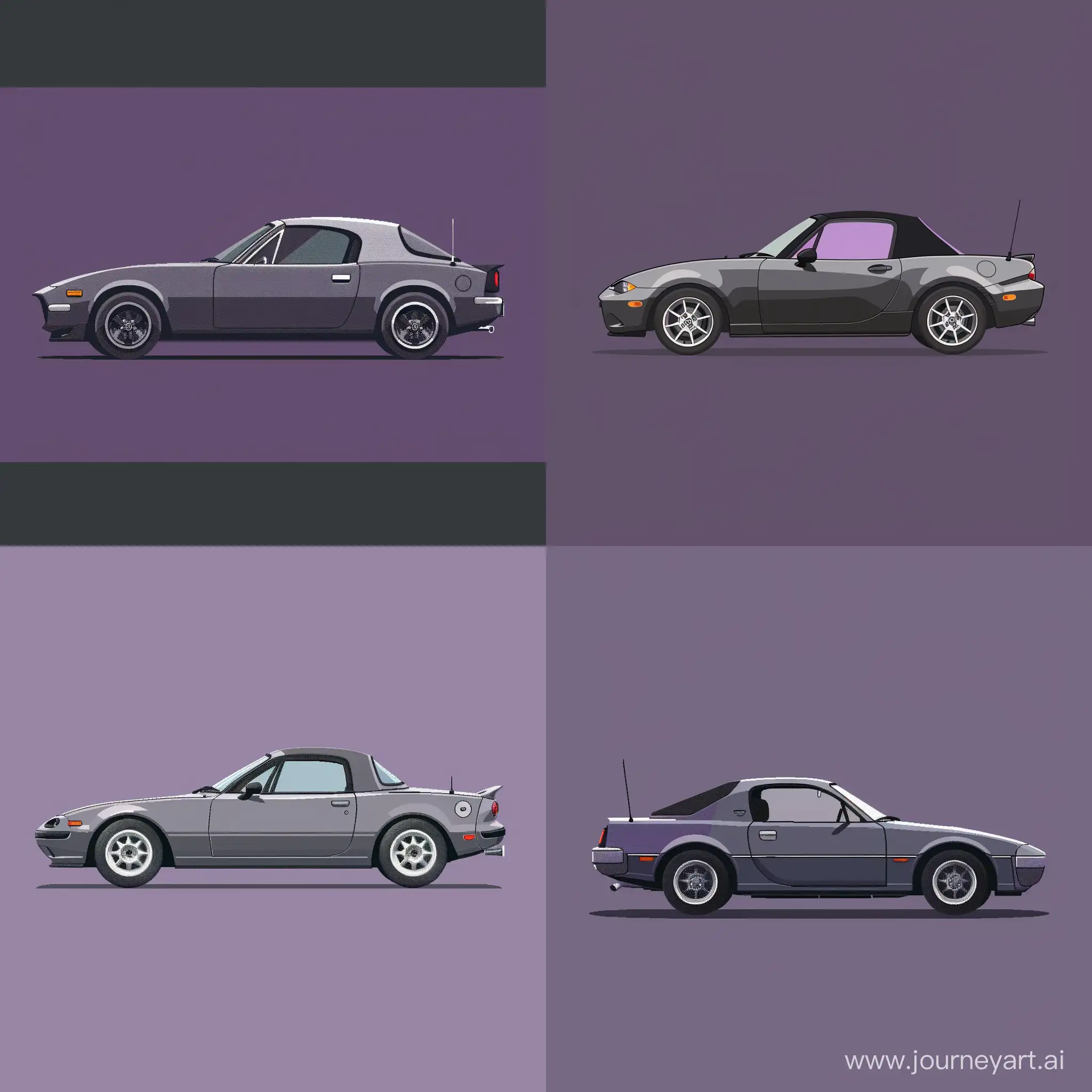 Minimalism 2D Illustration Car of Side View: Gray Mazda Miata, Simple Bold Purple Background, Pixel art