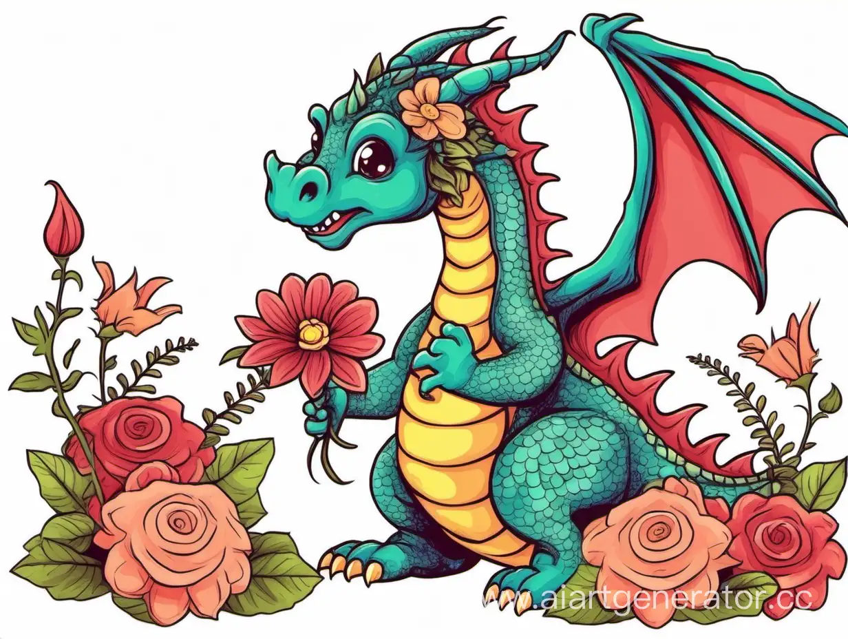 Adorable-Dragon-Presenting-Flowers-to-a-Fellow-Dragon-in-a-Fantasy-Illustration