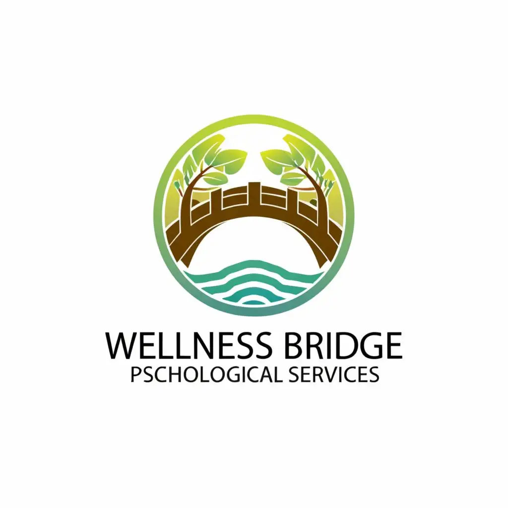 a logo design,with the text "Wellness Bridge Psychological Services", main symbol:This logo features a bridge extending over tranquil water with lush greenery on either side, symbolizing the journey from chronic pain to psychological wellness immersed in nature. The bridge represents connection and transition, while the water and foliage evoke feelings of serenity, growth, and rejuvenation. The gradient colors from blue to green further enhance the natural theme. The text "Wellness Bridge" is integrated into the design, with "Psychological Services" positioned below in a smaller font for clarity. Overall, the logo communicates the business's commitment to facilitating a healing journey within a nurturing and natural environment.,Moderate,be used in Medical Dental industry,clear background