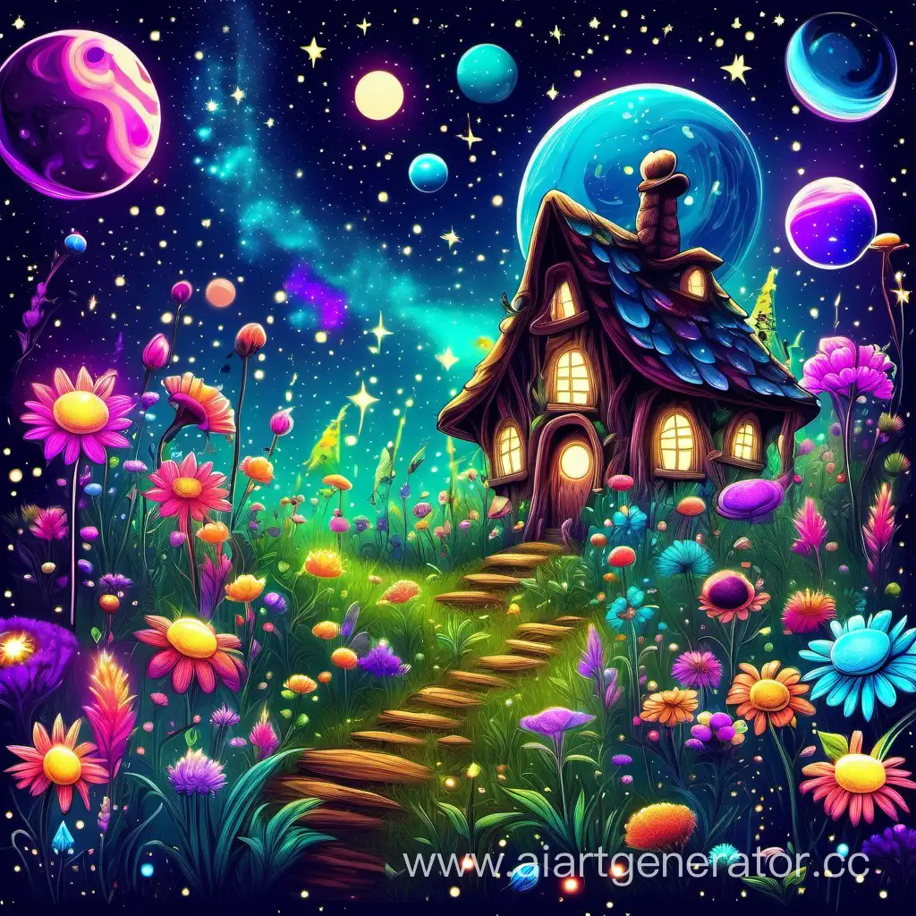 magic meadow. neon flowers. glowing plants. milky way. celestial bodies. bright stars. parade of planets. there is a small wizard’s house in the clearing.