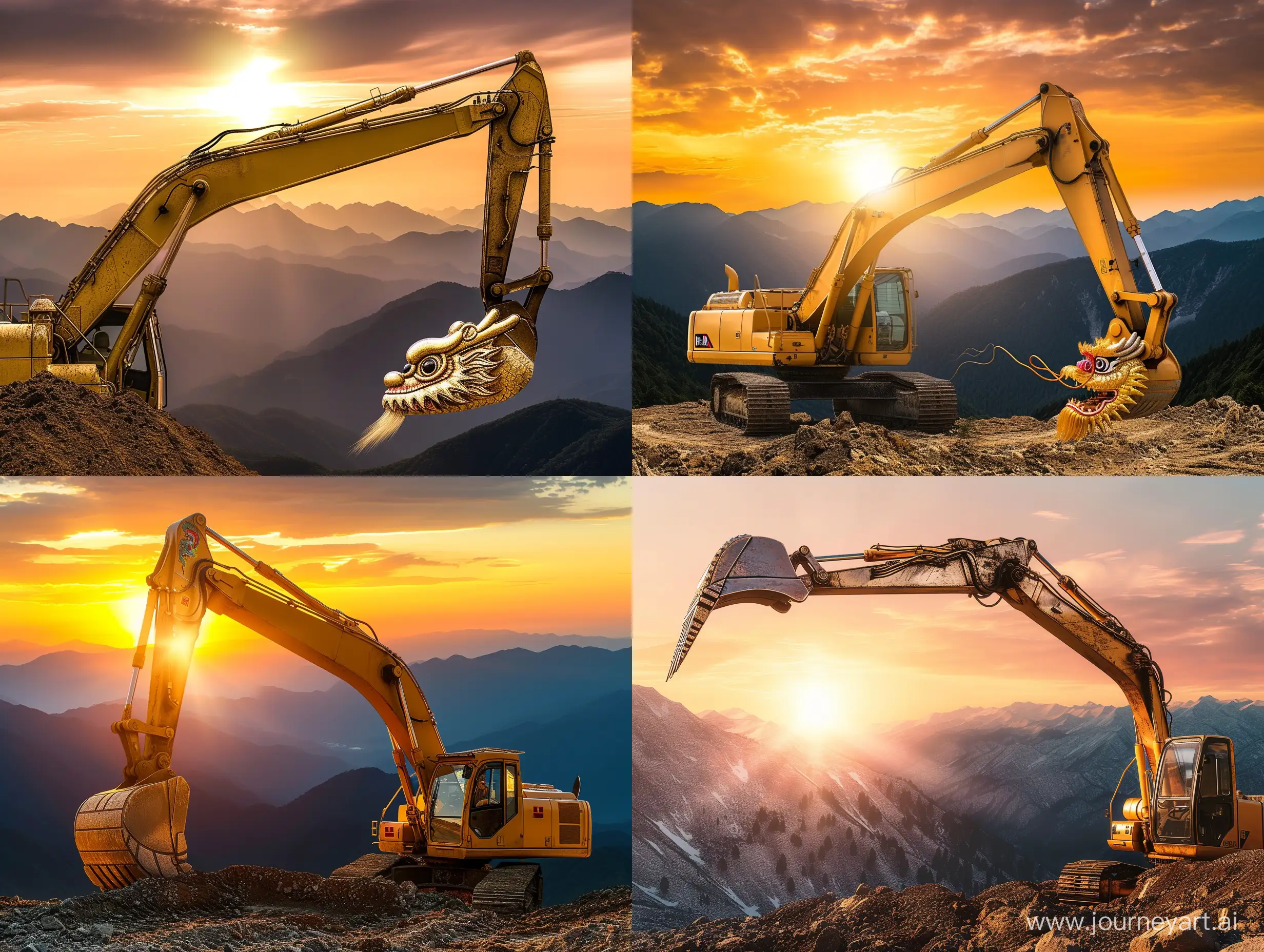 Majestic-Golden-Excavator-with-Dragon-Head-Sculpture-at-Sunset