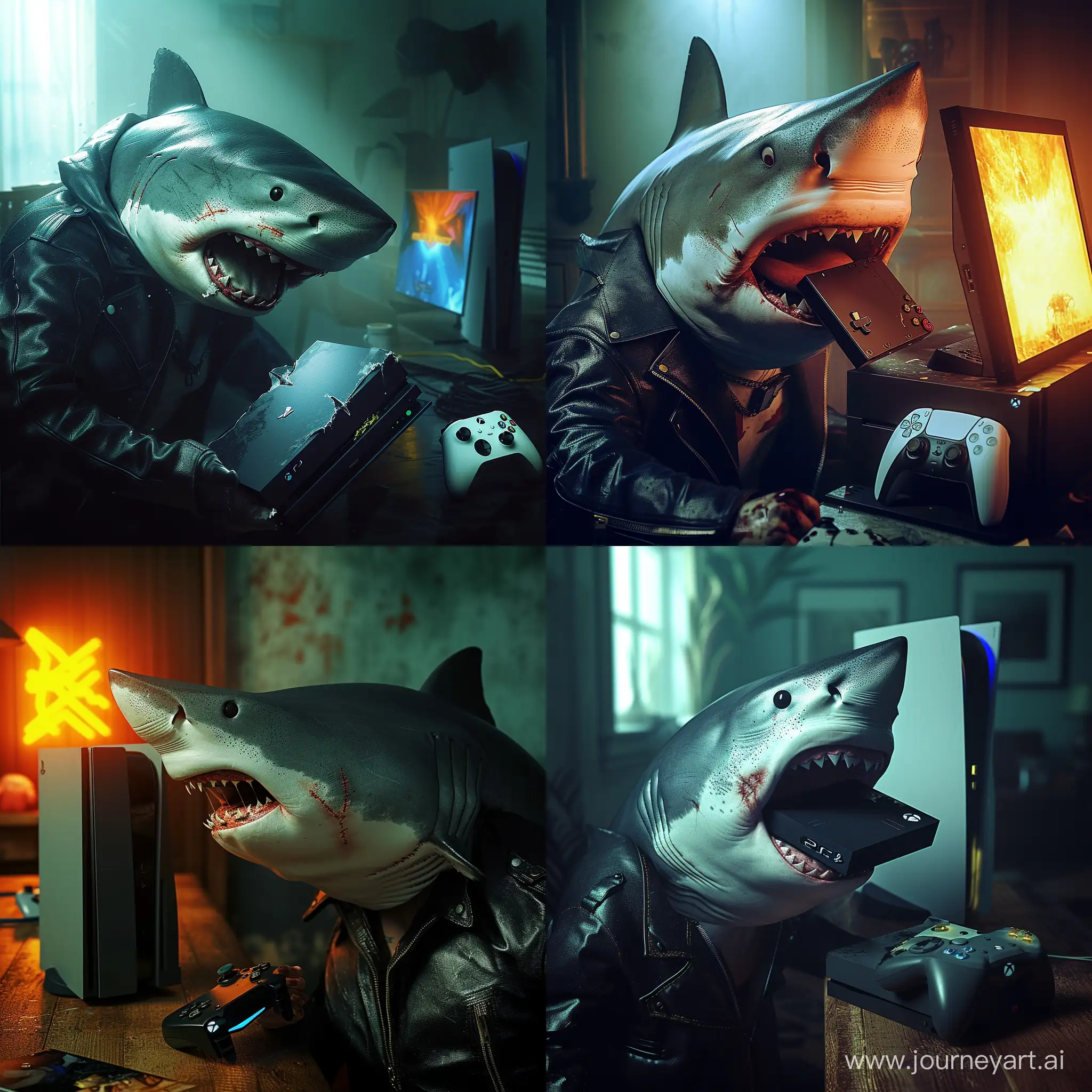 A (((male shark))) with a (((sleek black leather jacket))), embodying a mix of ferocity and style, confronting a (((PlayStation 5 game console))) in its mouth as it aggressively interacts with an (Xbox game console) in a dimly lit room, with minor wounds apparent on its snout