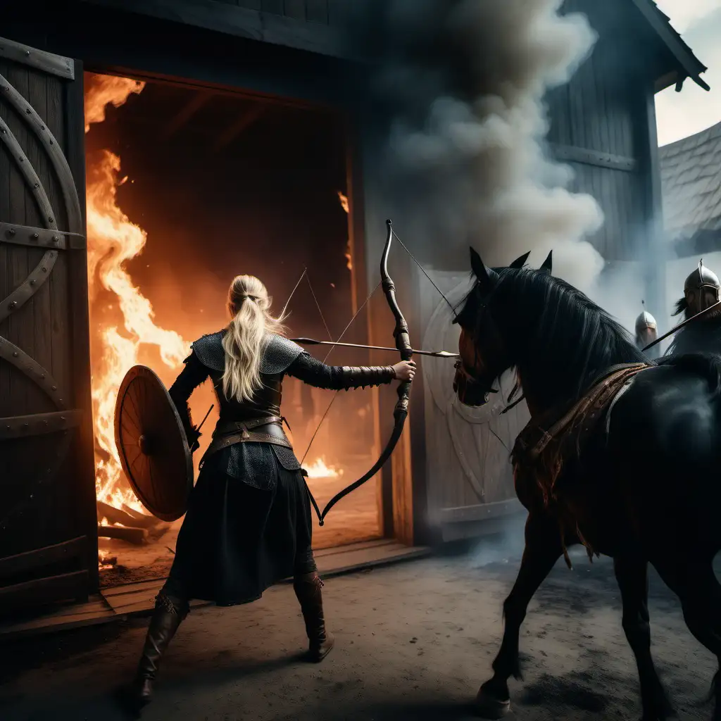 Cinematic photo of a great viking hall on fire. Warriors stand guard at the doors. A blonde woman on a black horse attacks them with bow and arrow. She fires and kills one of the warriors.