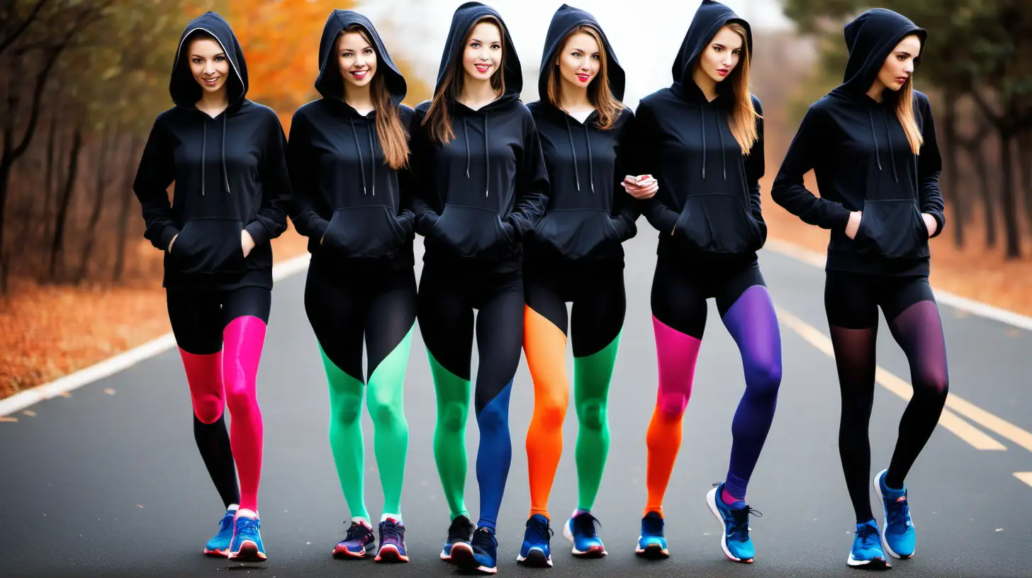 Sexy slender Girls getting ready for a marathon wearing black hoodies,  colored footed opaque tights, and running shoes.