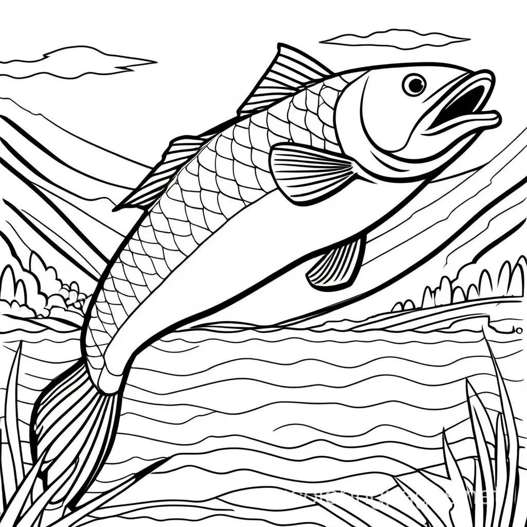 haddock jumping from lake, Coloring Page, black and white, line art, white background, Simplicity, Ample White Space. The background of the coloring page is plain white to make it easy for young children to color within the lines. The outlines of all the subjects are easy to distinguish, making it simple for kids to color without too much difficulty