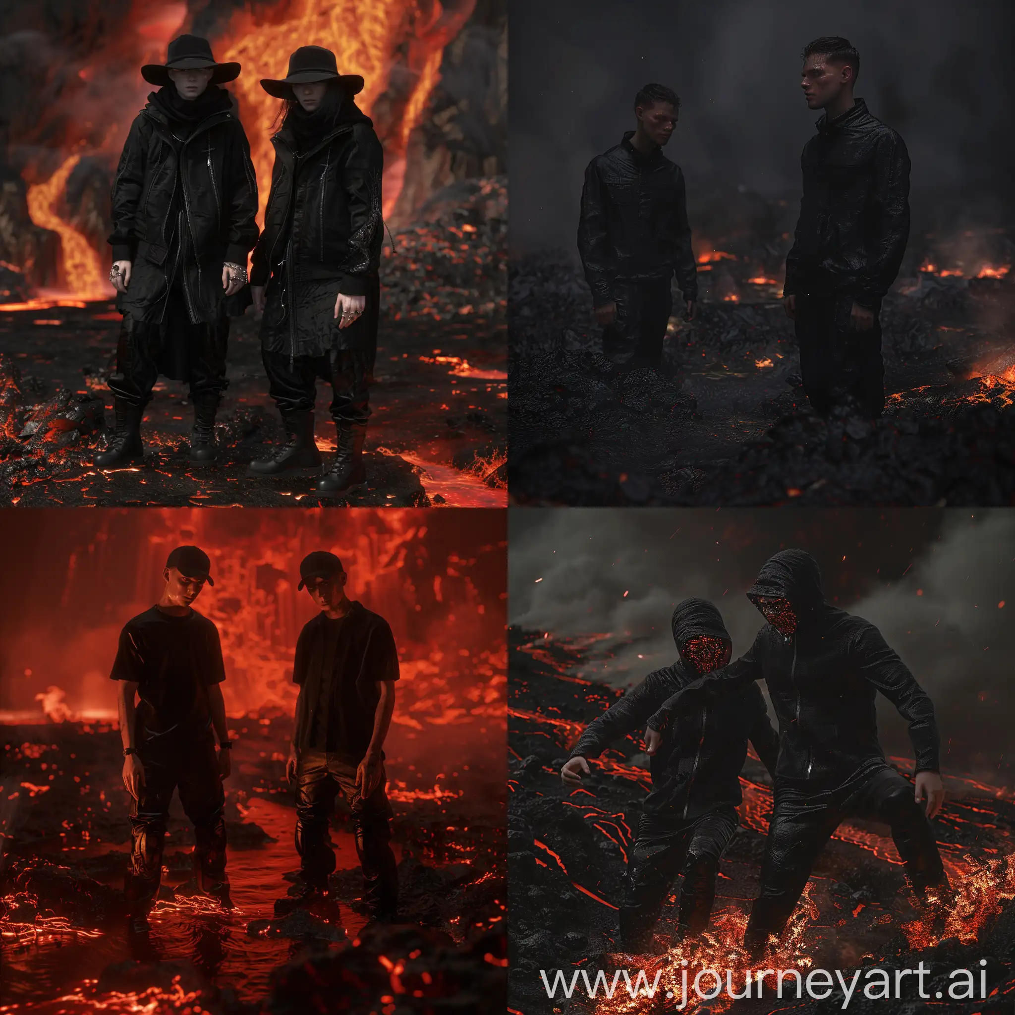 2 guys in black clothing in hell, photorealistic, realism, high quality render