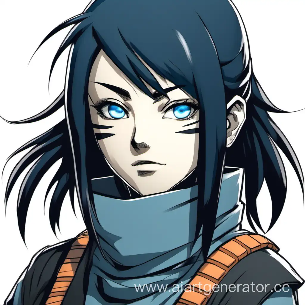 A ninja girl with shoulder-length black hair and gray-blue eyes, drawn in the style of characters from the anime Naruto