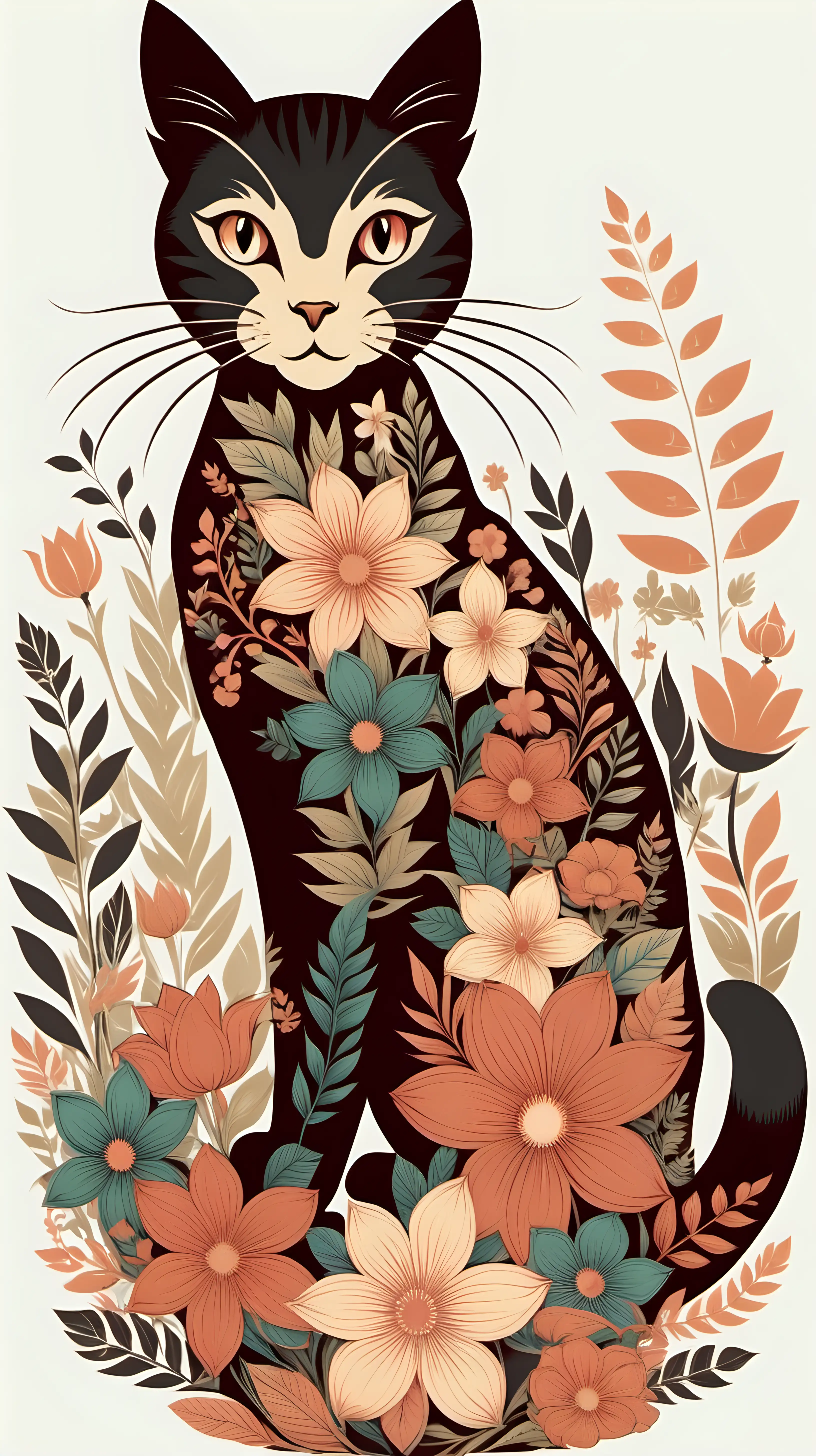 Floral Silhouette Cat in Retro Colors with Whiskers