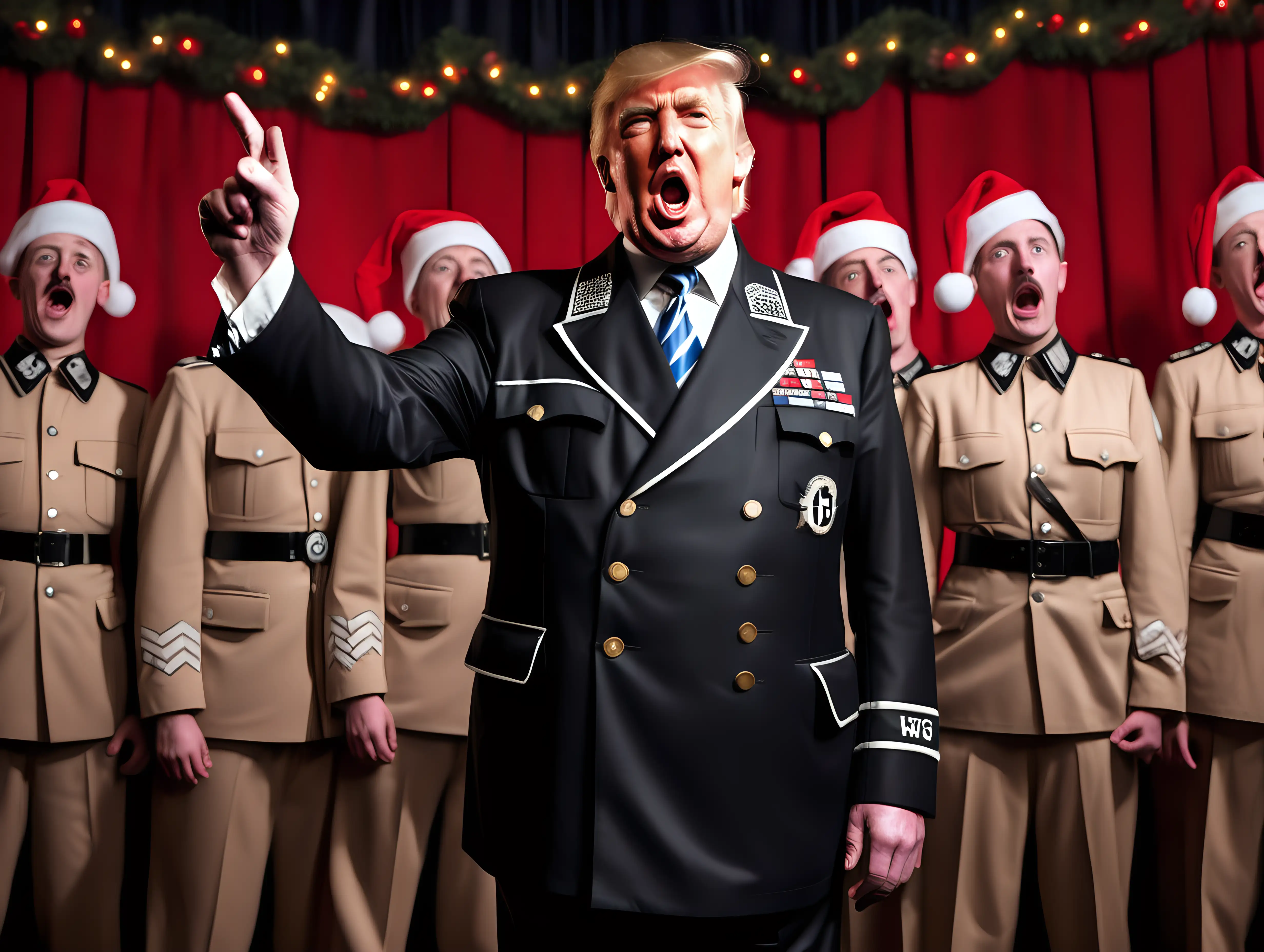 Donald Trump dressed in a SS uniform
 Adolf Hitler singing Christmas carols on a nightclub stage