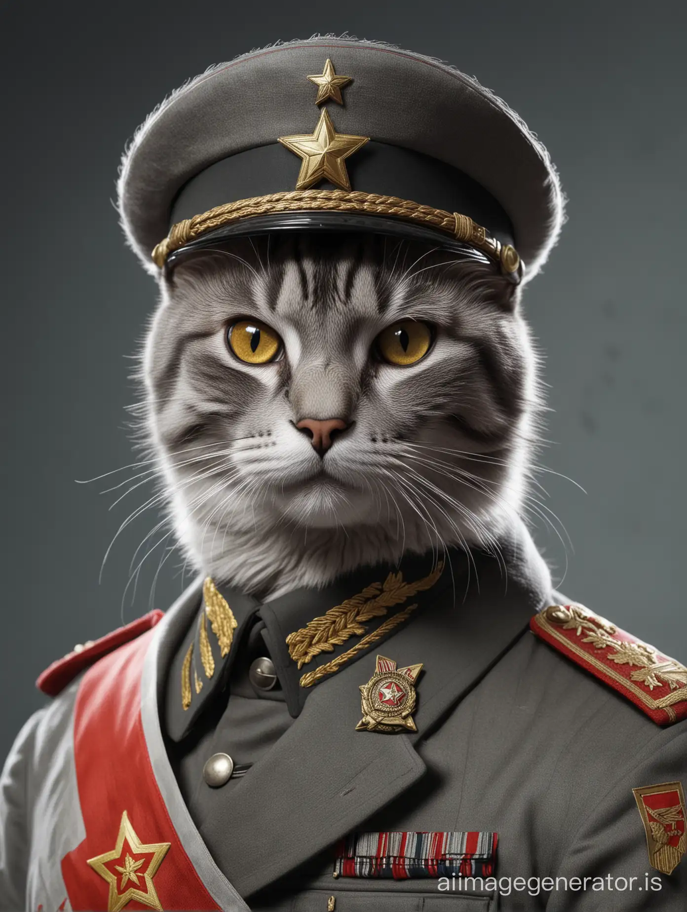 4k, ultra resolution, hd, realistic. Soviet officer 1940 style light grey cat with grey eyes with Soviet flag in hand
