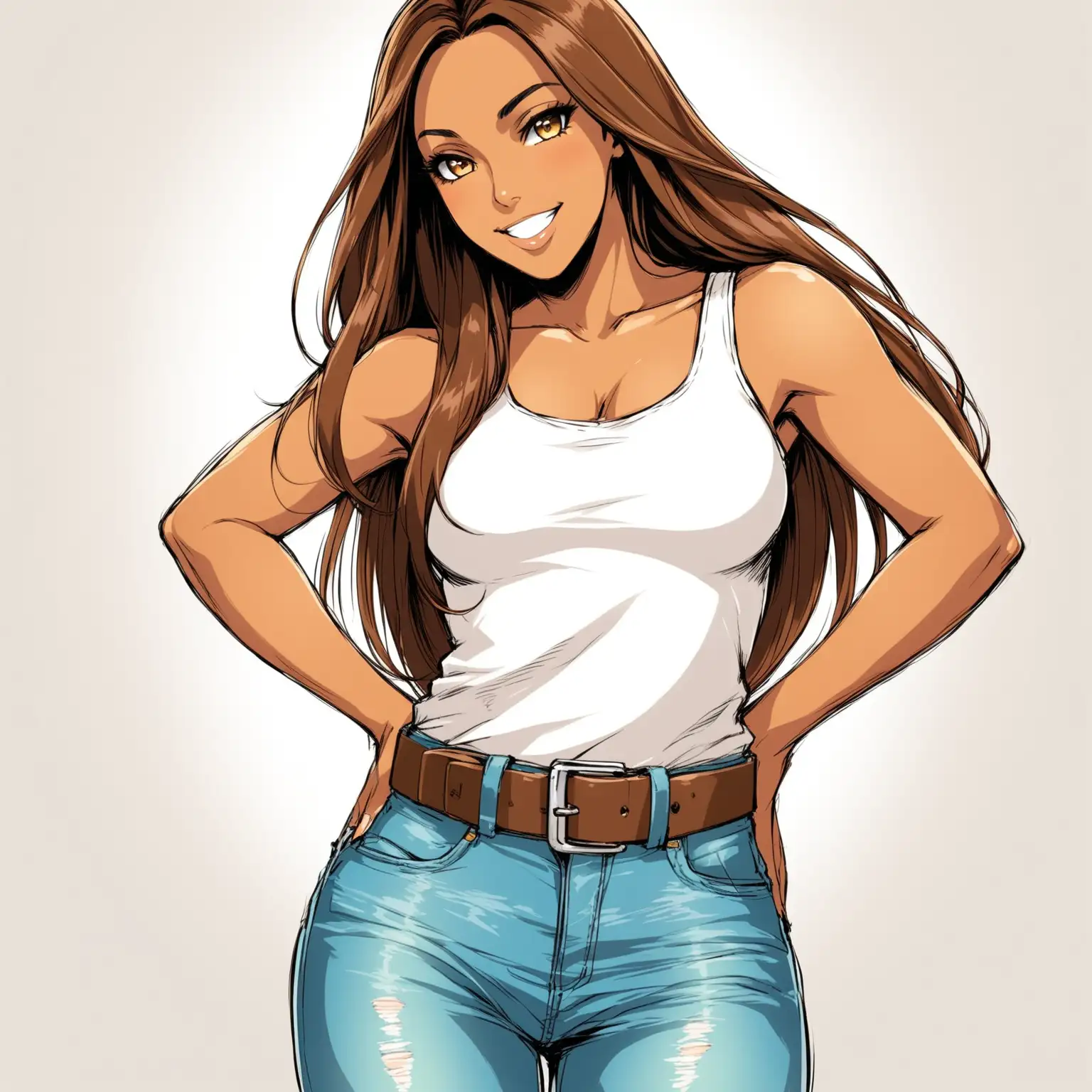 Smiling Woman with Long Brown Hair in Comic Book Style on White Background