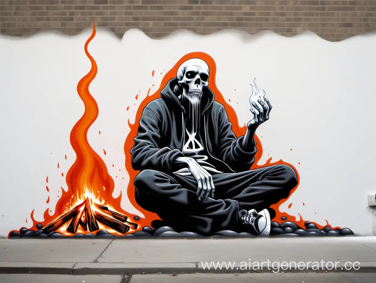 yorick chilling looking at fire, street art, fluid, white background