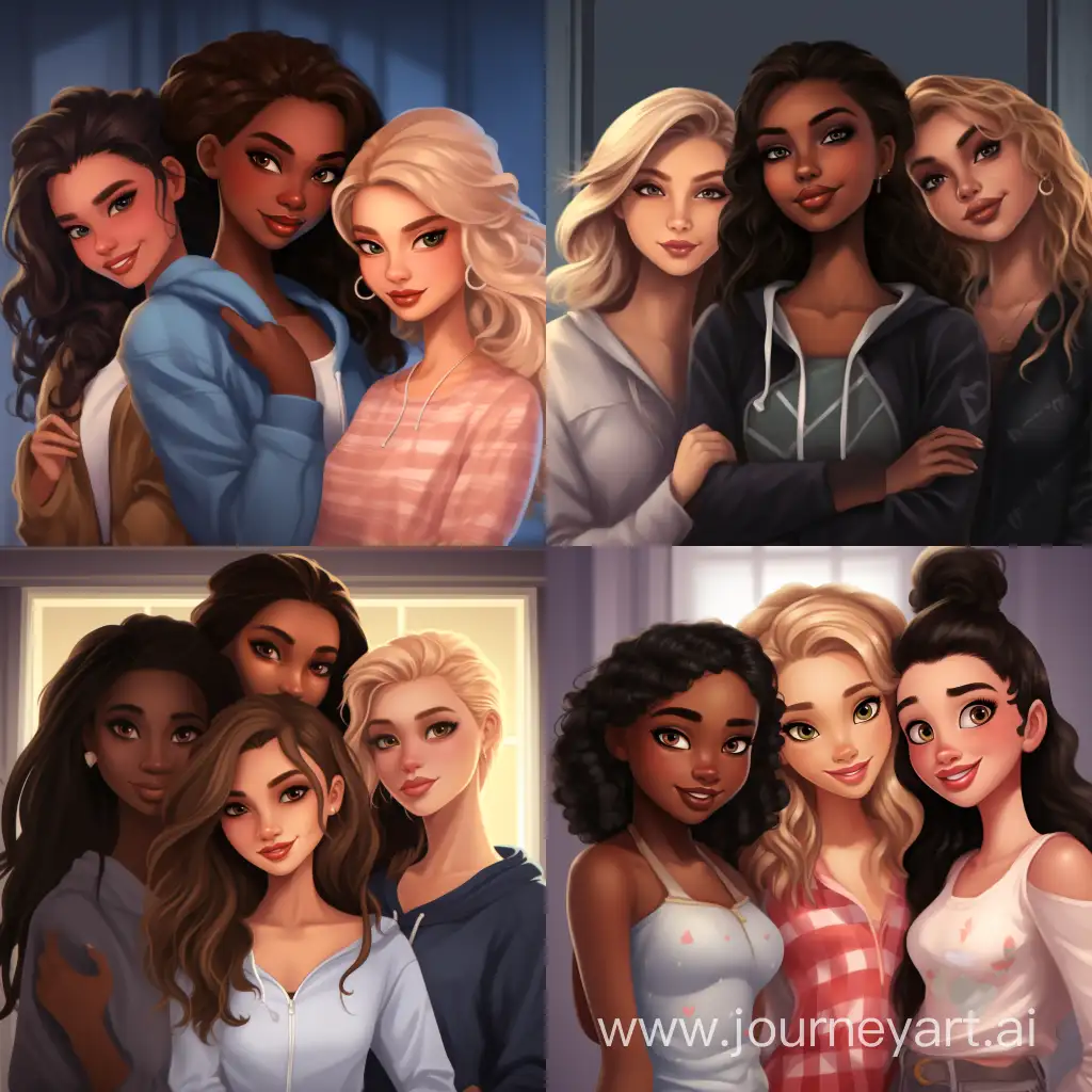 Four girlfriends, four girls, a beautiful dark-haired girl with snow-white skin in a hoodie, a strict brunette in a shirt, a cute little black woman, a blonde with a soft smile, high quality, high detail, cartoon art