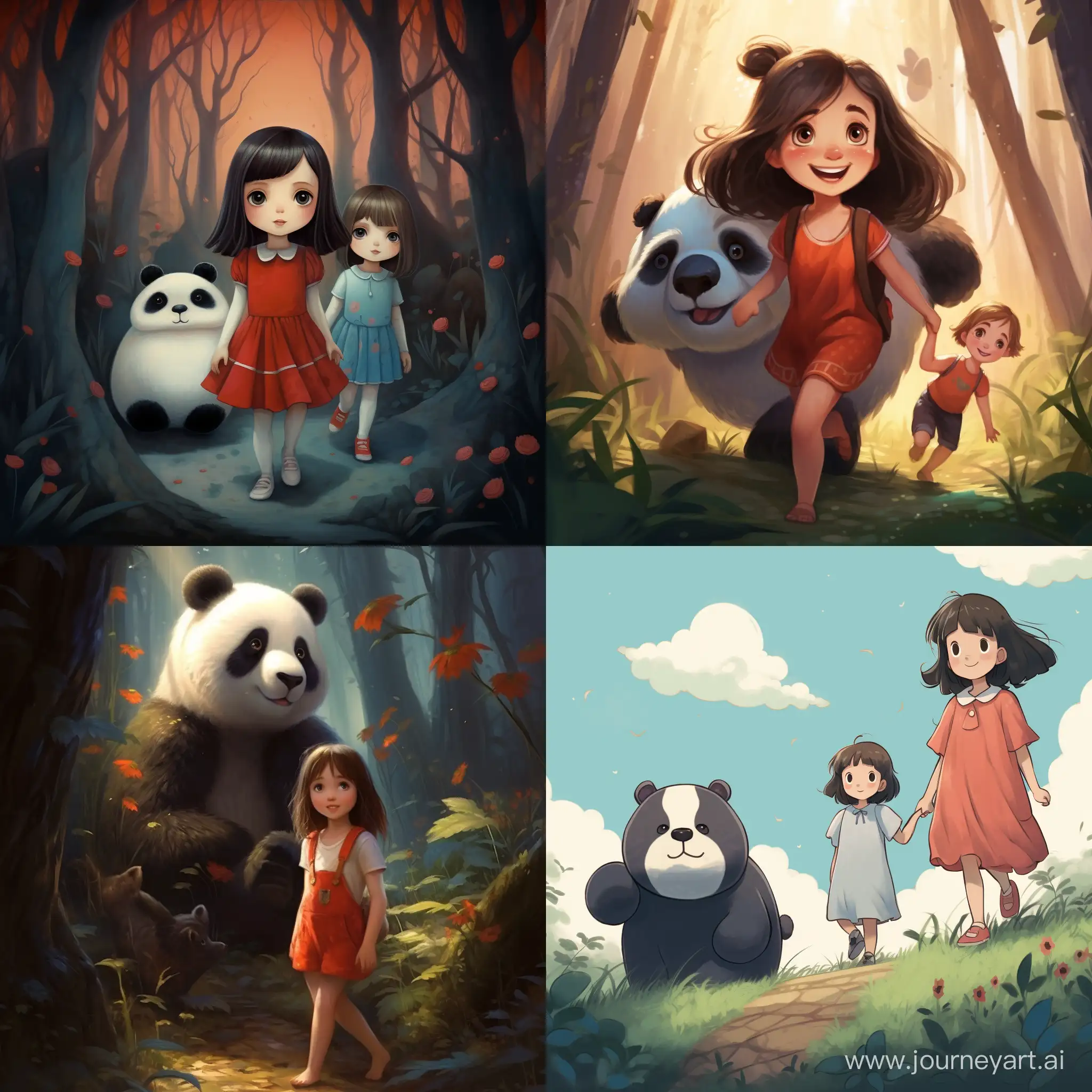 Adorable-Giant-Panda-Guiding-Two-Little-Girls