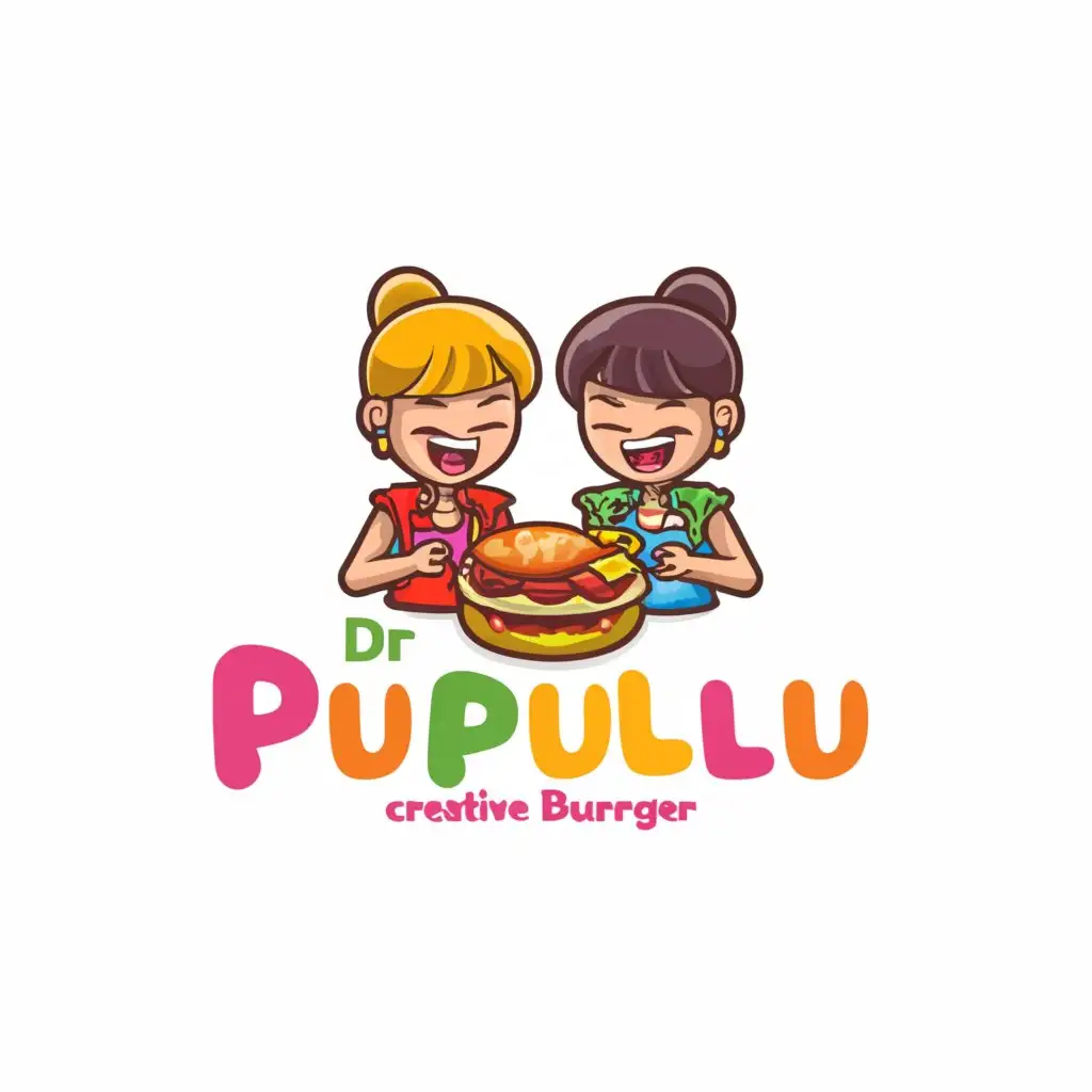 a logo design,with the text "DR. PUPULULU", main symbol:TWO GIRLS EATING RICE BURGER,Moderate,be used in Restaurant industry,clear background