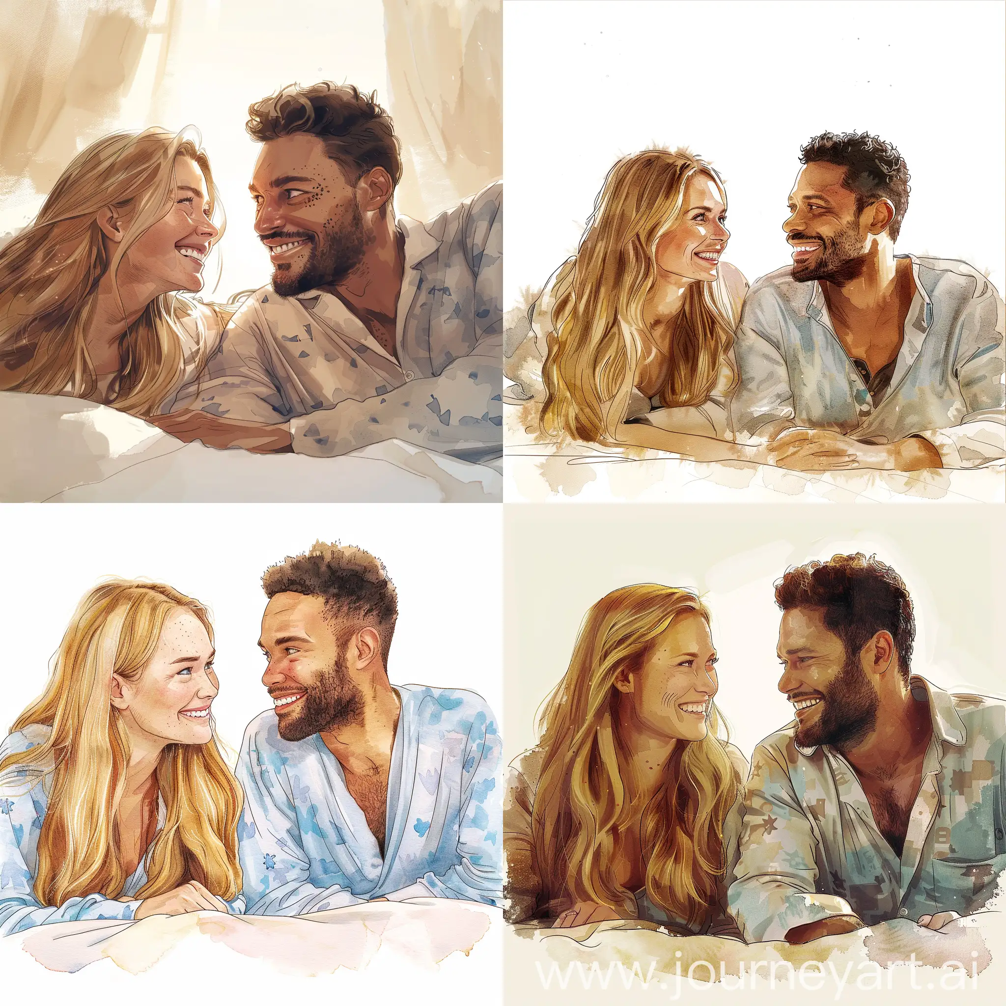 A cute woman and handsome man smile at each other, lying down facing each other on a bed, both are in pijamas, full body. Woman has long blonde hair, blue eyes. Handsome Man has dark european look, has stubble, freckles, dark brown short hair and dark brown eyes. illustration for book, childrens book, smiling, watercolor clipart, full illustration, 4k, sharp focus, smooth soft skin, symmetrical, warm darker lighting.