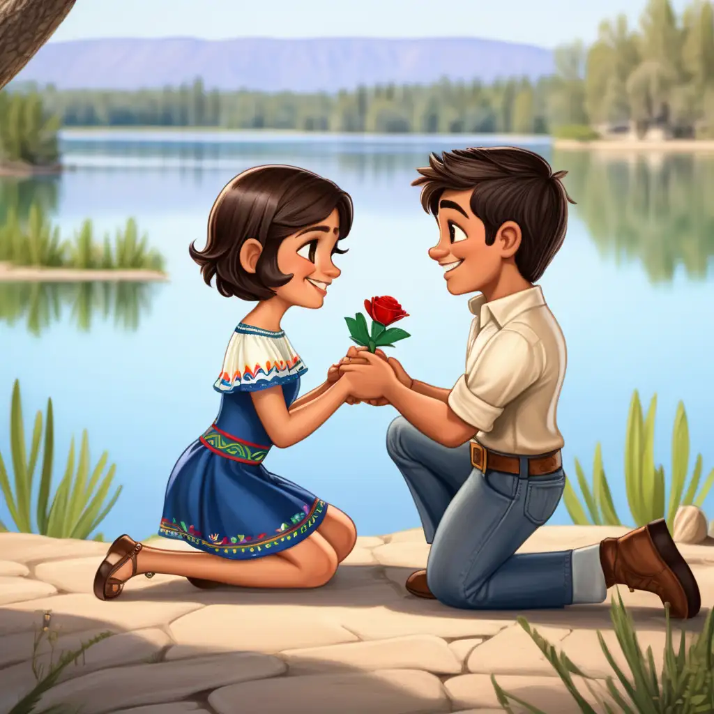 Storybook characters Mexican boy proposal to brunette short hair girl by lake