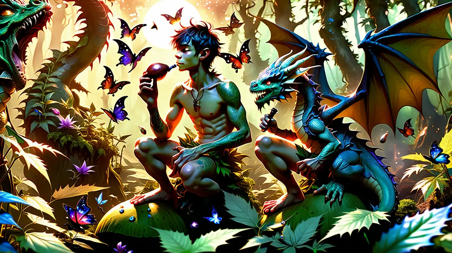 A anthropomorphic dragon boy, shirtless, sitting on a mushroom cap in a fantasy forest of cannabis plants, holding a dragon egg in one hand and a smoking pipe in his other hand with a sleepy smile on his face. He is surrounded by pixies floating in the air and butterflies hover above them. Whisps of smoke come off the pipe. The sun is shining and the dragon boy seems very content.