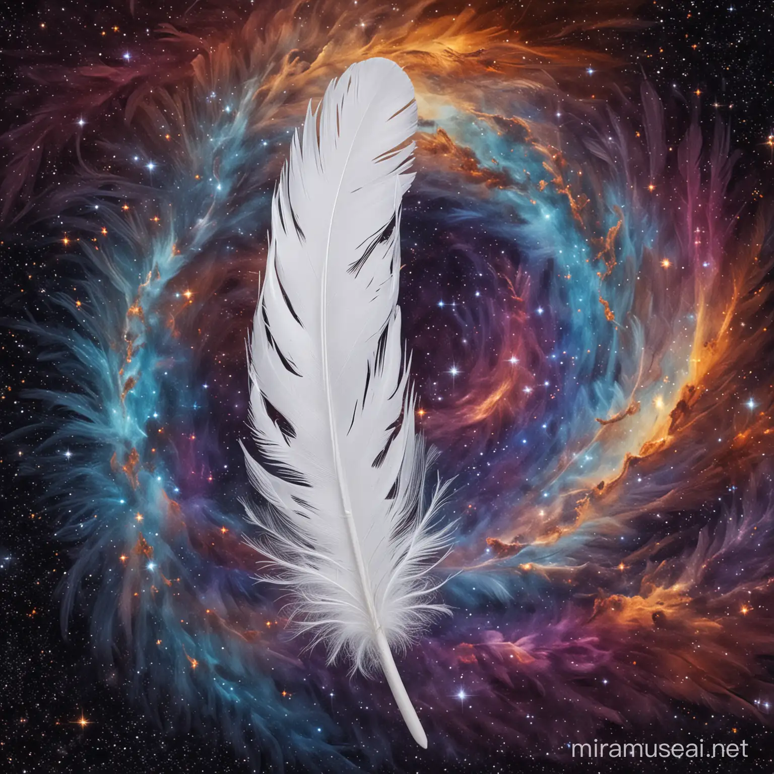 Ethereal White Feather Floating in Cosmic Splendor