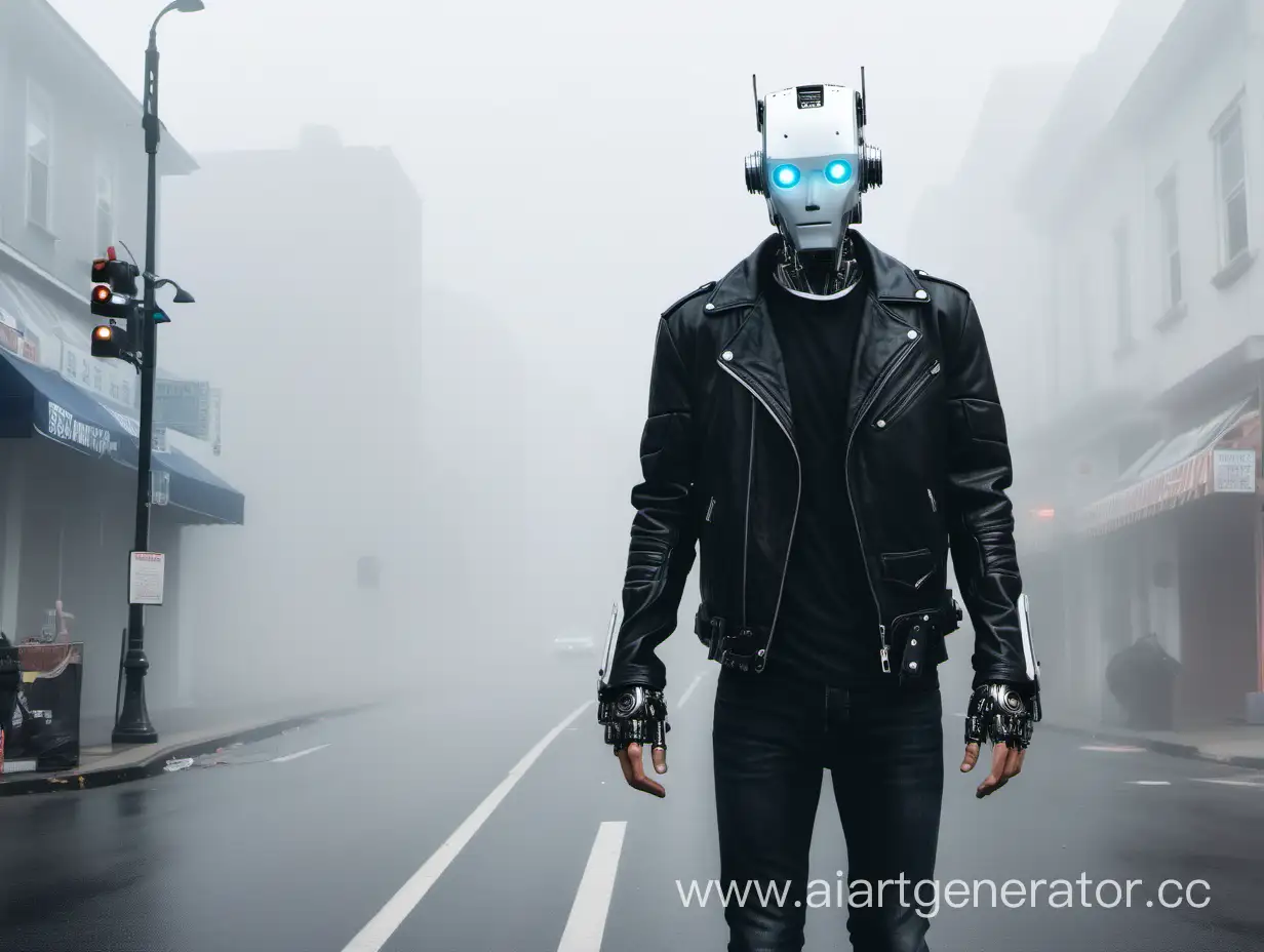Человек с головой робота, оживленная улица, туман, черная кожаная куртка, черные джинсы и белые кроссовки 
